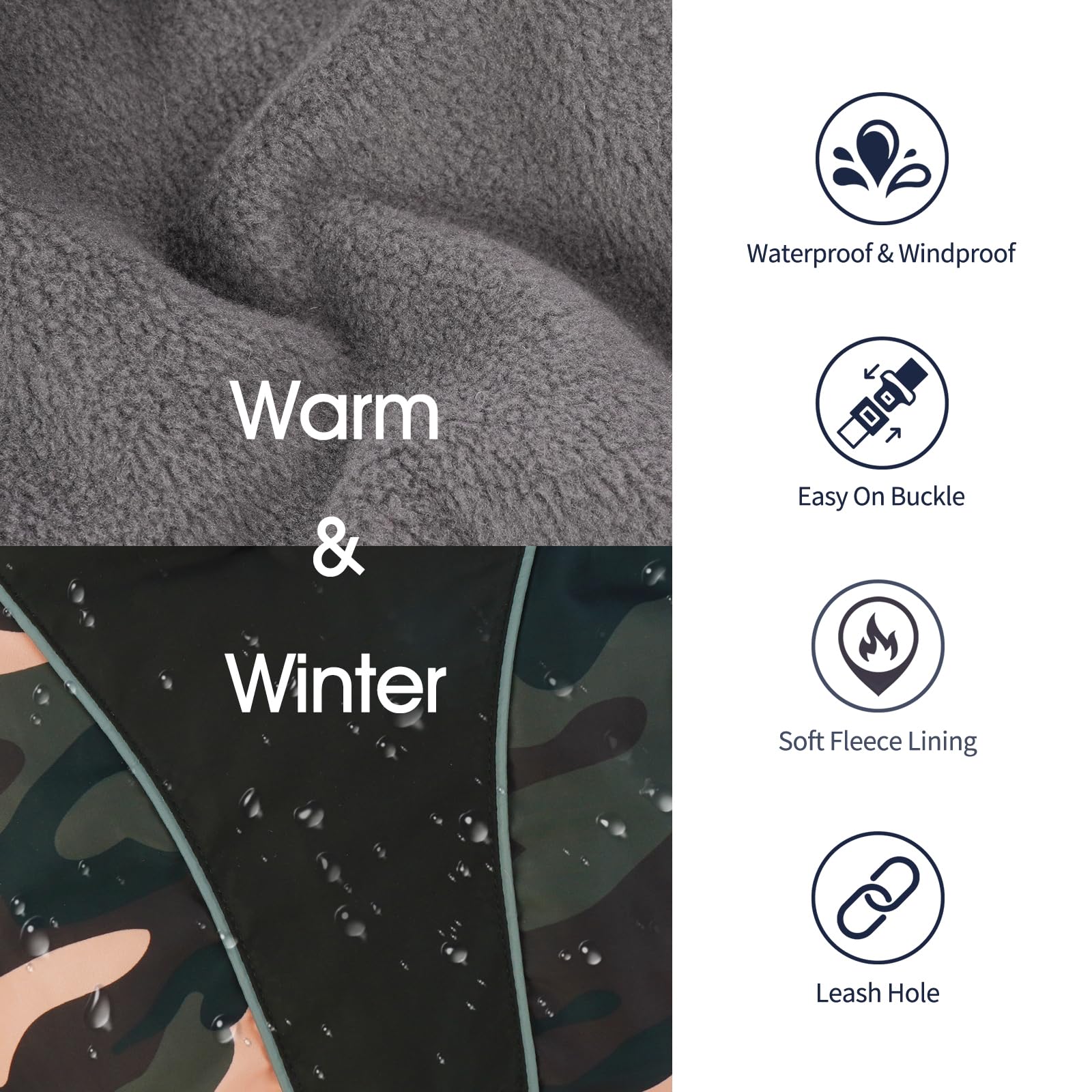 IECOii coat with quick-release buckle highlighted for easy on/off.