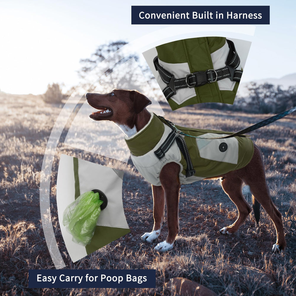 IECOii dog coat with harness built in, back view highlighting reflective safety