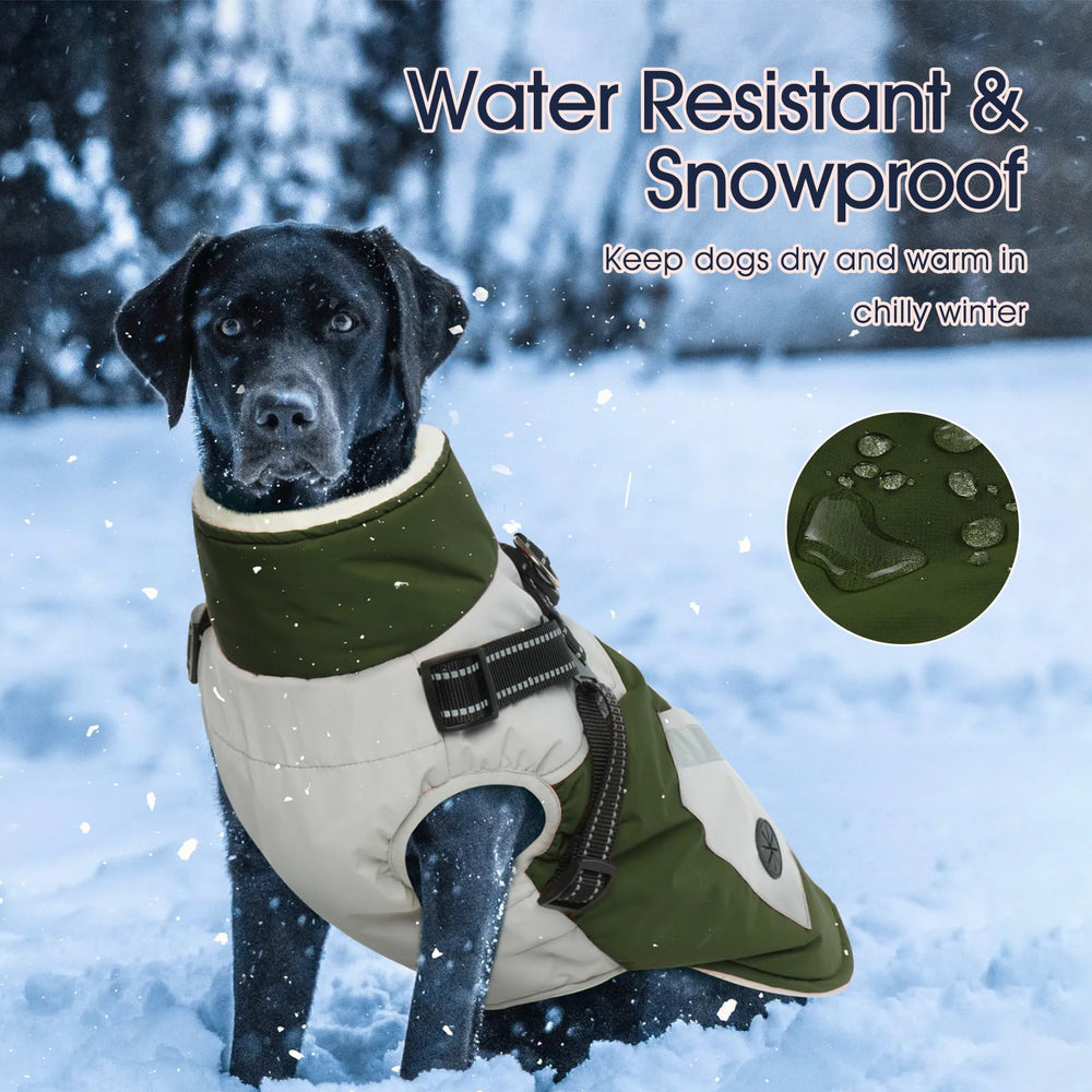 IECOii dog coat with harness built in, waterproof outer material keeps rain and snow away