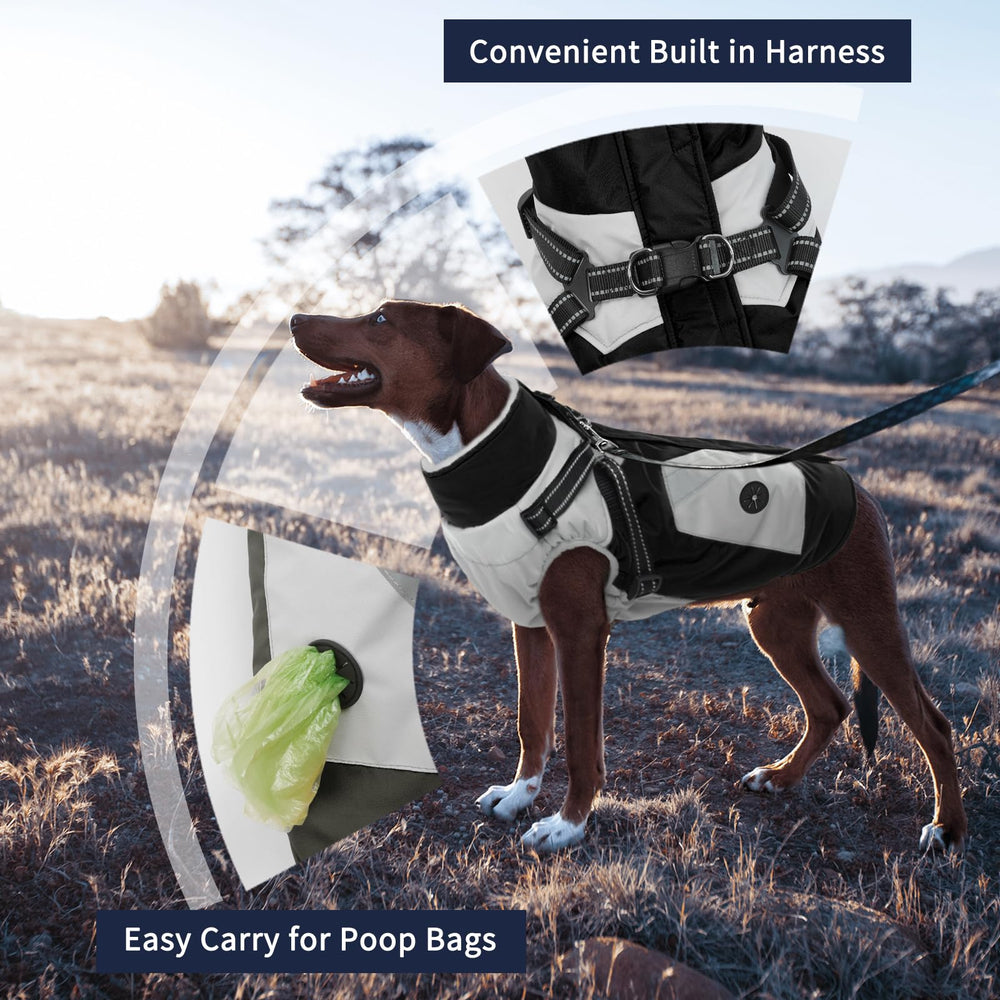 IECOii dog coat winter waterproof harness-2in1 demonstrates built-in harness for easy control.