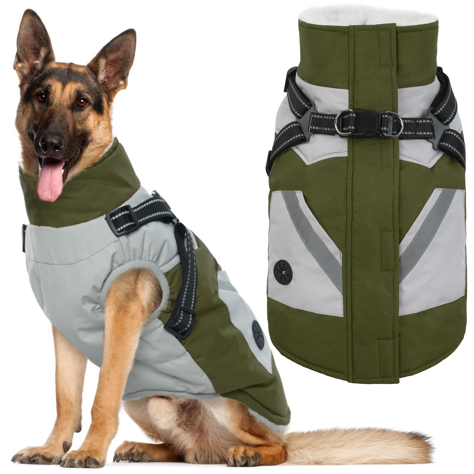IECOii dog jacket back view shows XXXL warmth for cold-weather walks.