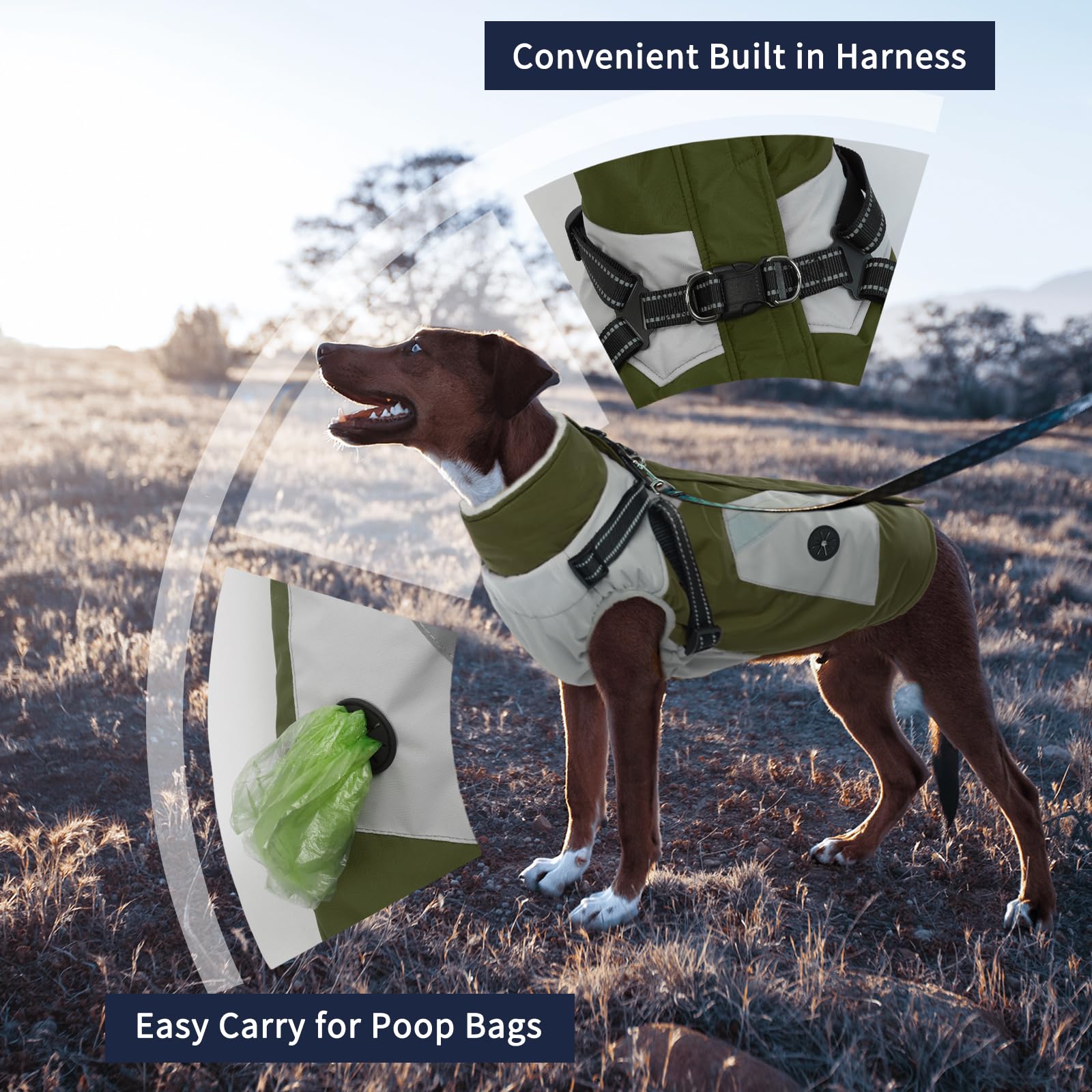 IECOii dog jacket side view demonstrates snug, adjustable strap fit for busy pups.