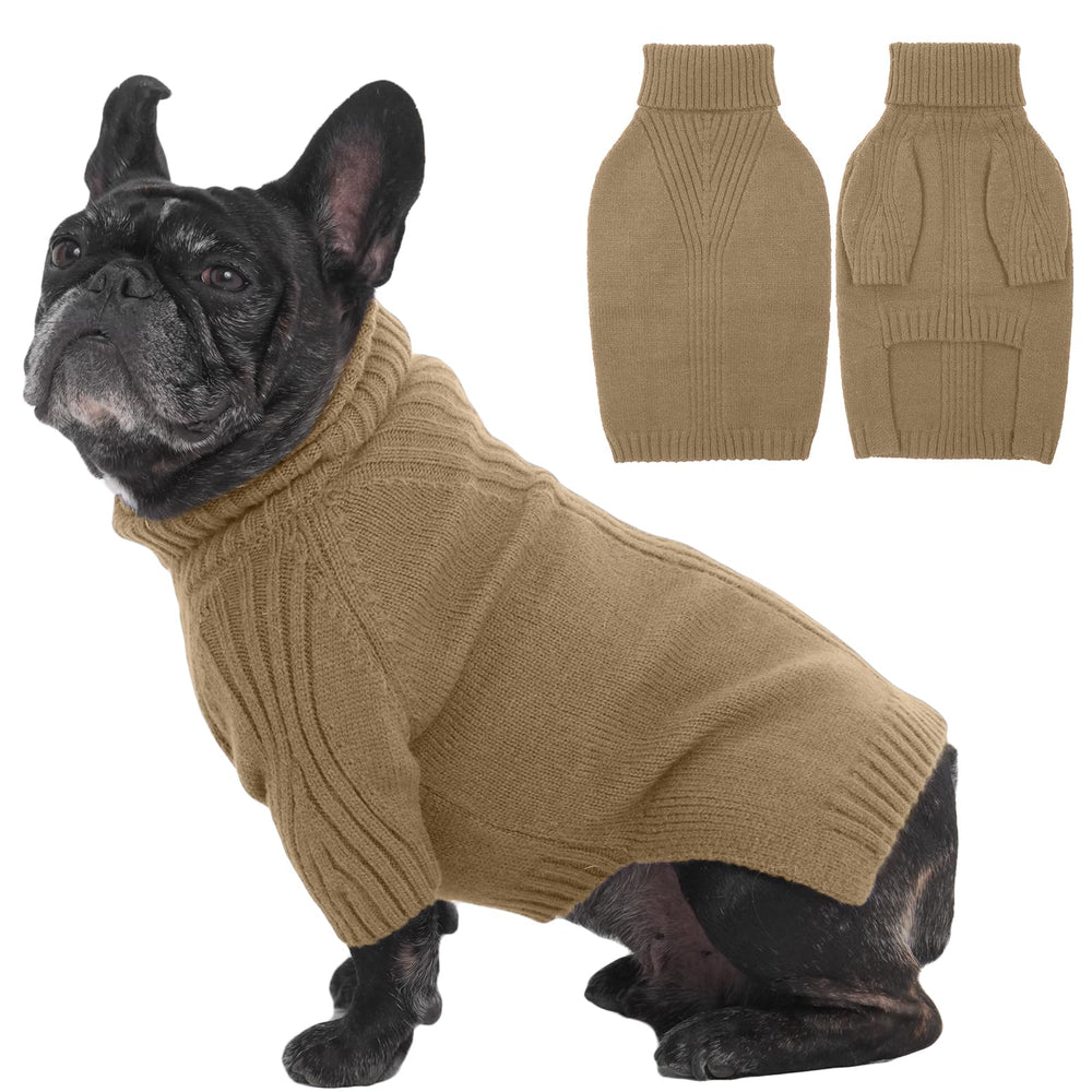 IECOii dog sweater camel front view for medium dogs keeps warmth on winter walks.