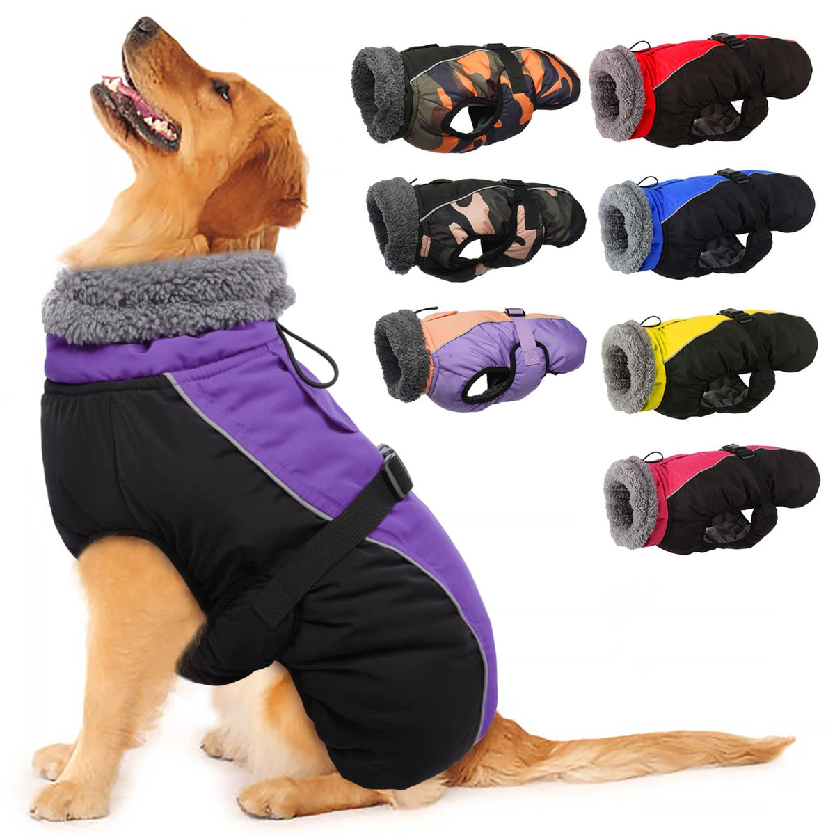 IECOii extra-warm dog coat front view showcasing adjustable fit for easy on/off
