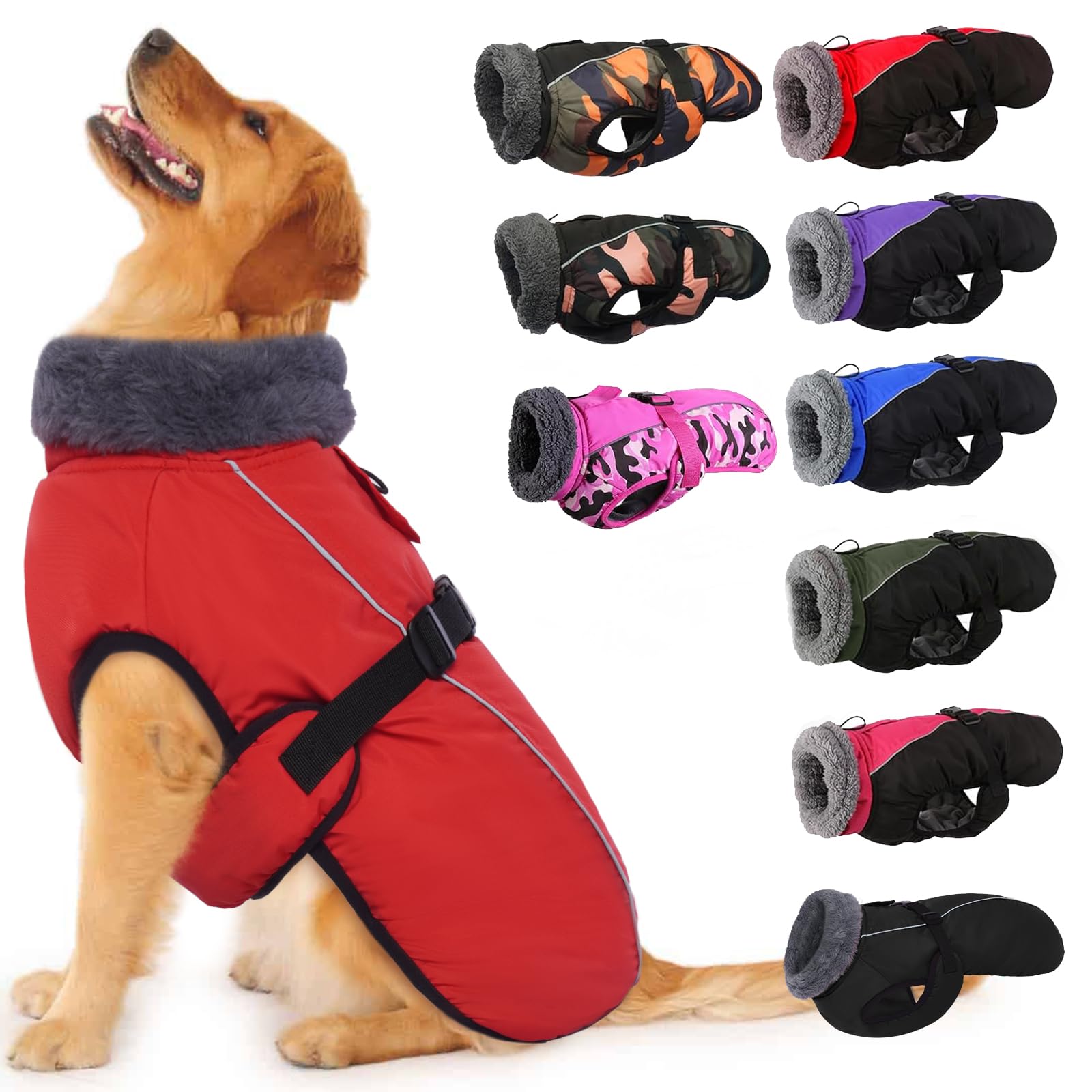 IECOii Extra Warm Dog Coat front view with reflective trim for safe evening walks.