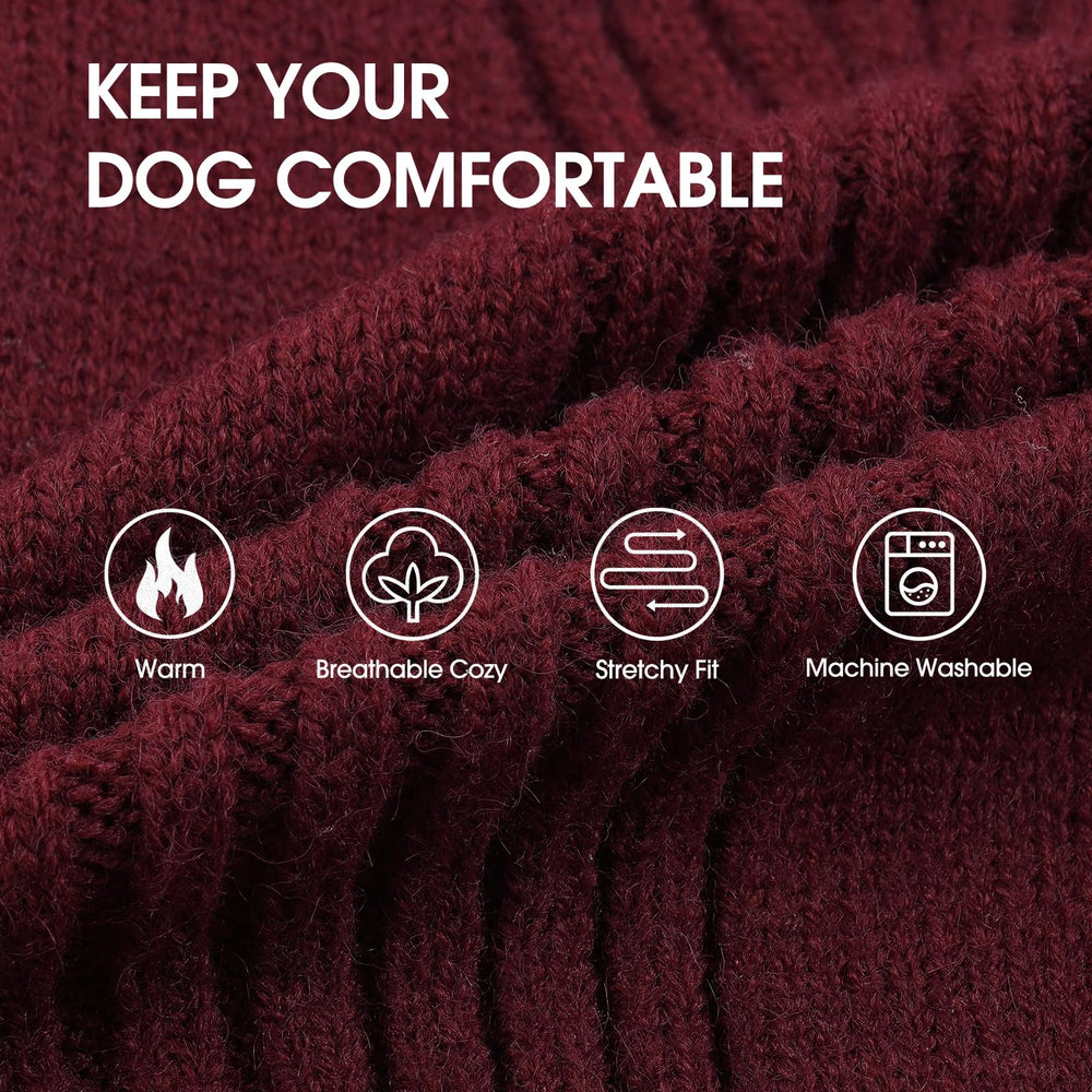 IECOii XXXL burgundy turtleneck dog sweater protects neck and chest on cold days.