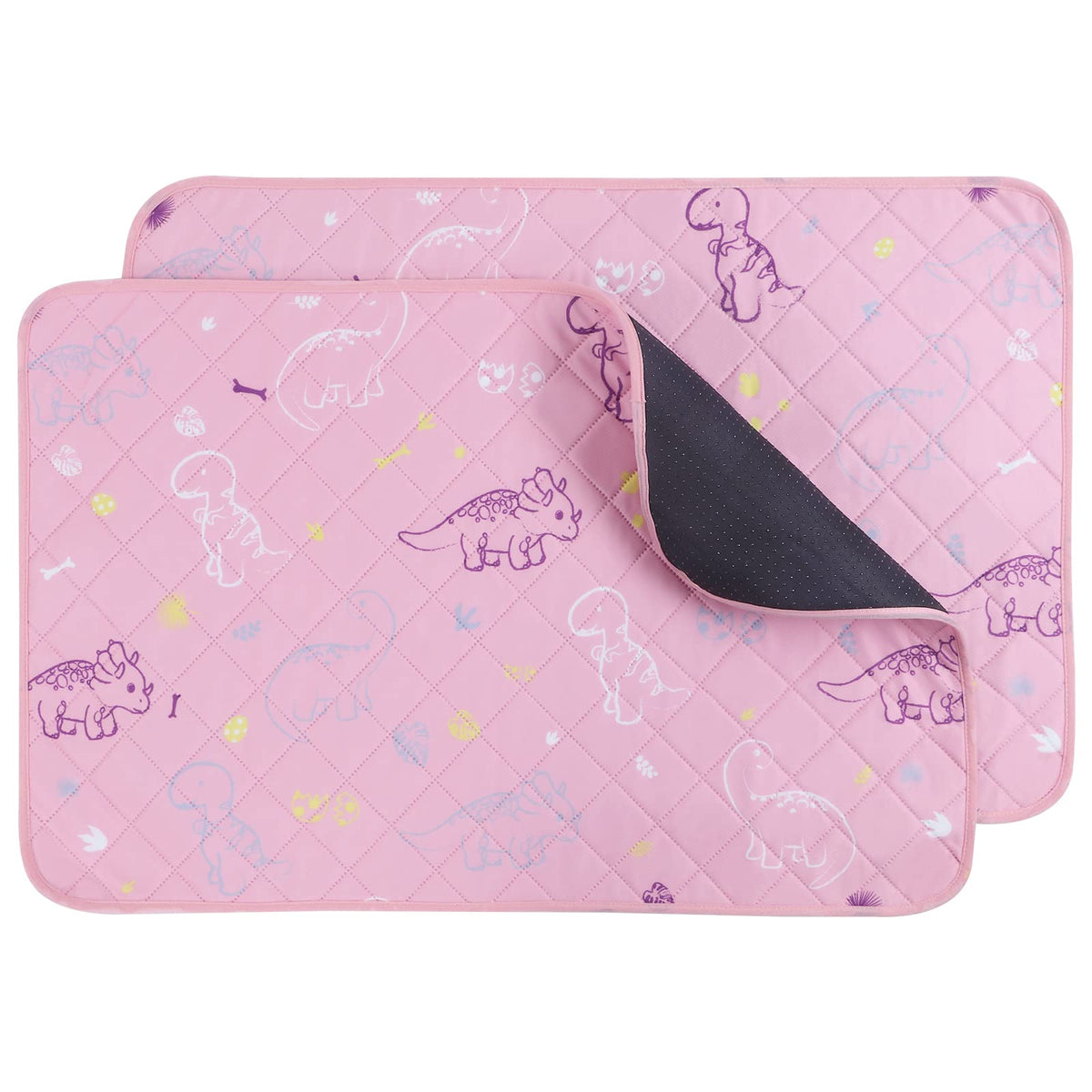 IEUUMLER washable pee pad pink dinosaur design, 24x18 inches, two-pack for potty training and playpen.