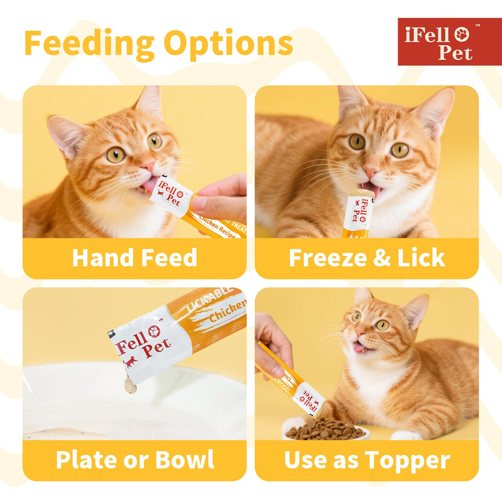 IFELLO PET Lickable variety 3 flavors display featuring tuna, salmon, and chicken options.
