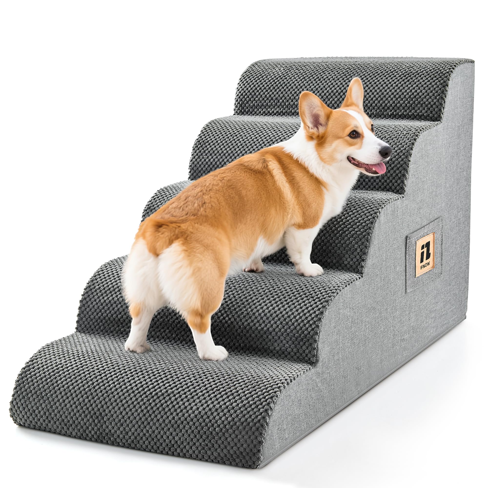 IFNOW 5-step dog stairs on bed in grey offering gentle access for small pets