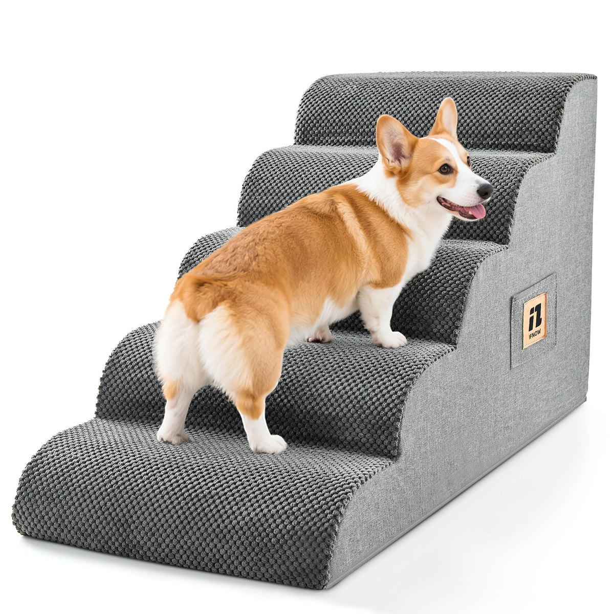 IFNOW 5-step dog stairs on bed in grey offering gentle access for small pets