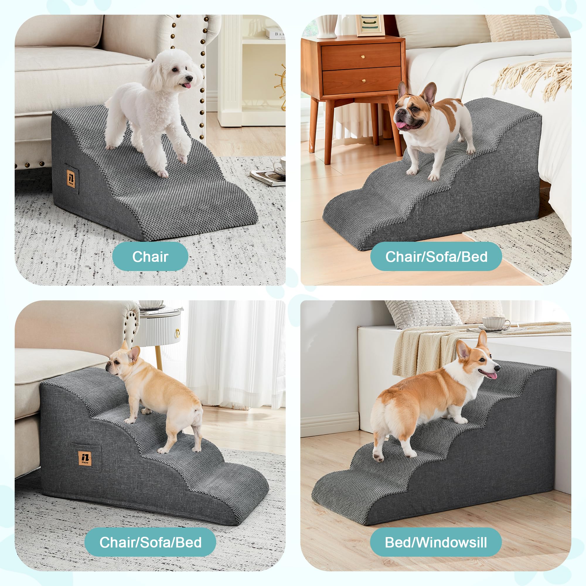 IFNOW dog stairs cover with pineapple plaid fabric highlighting easy machine-wash cleaning.