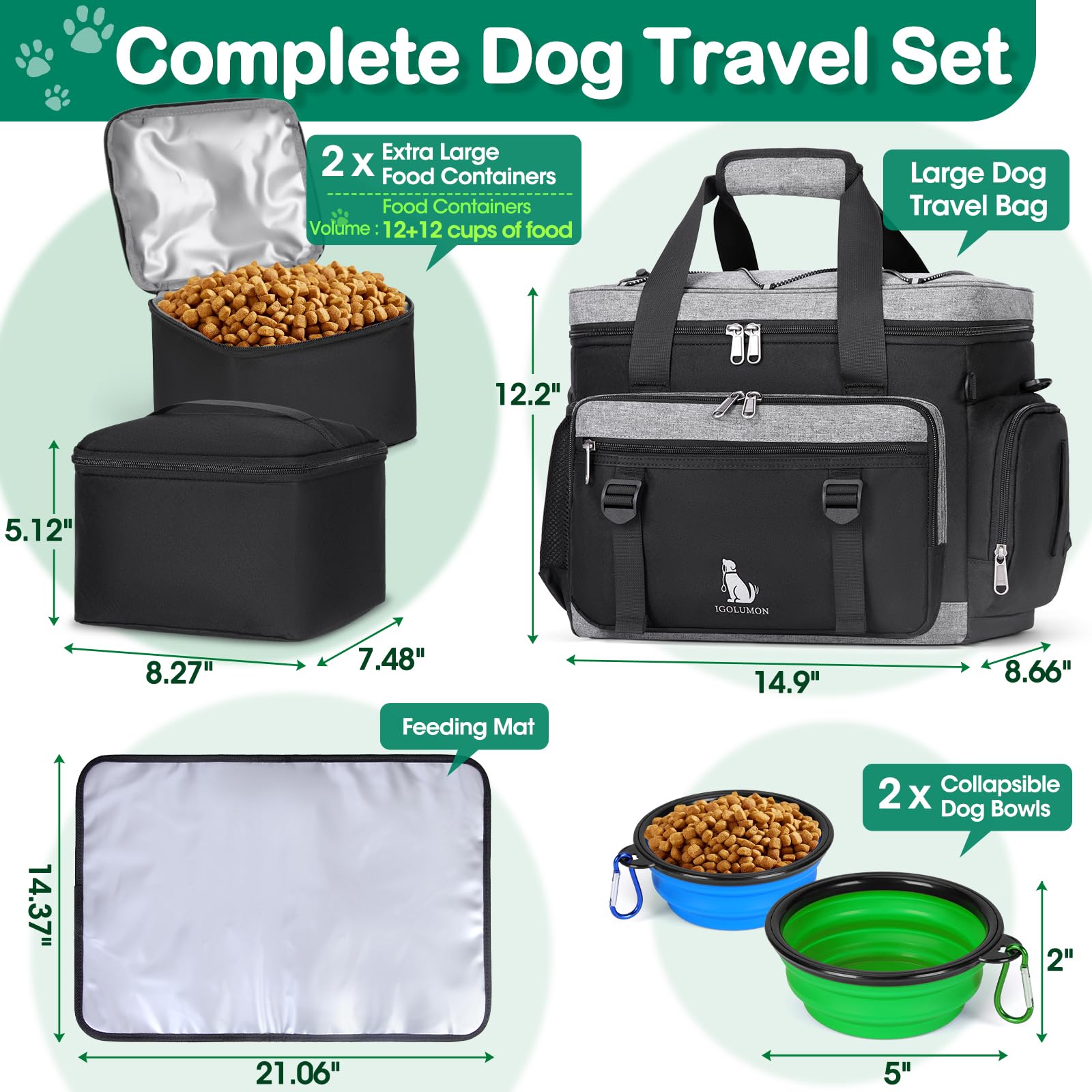 IGOLUMON dog travel bag silicone bowls attached with carabiners for quick hydration