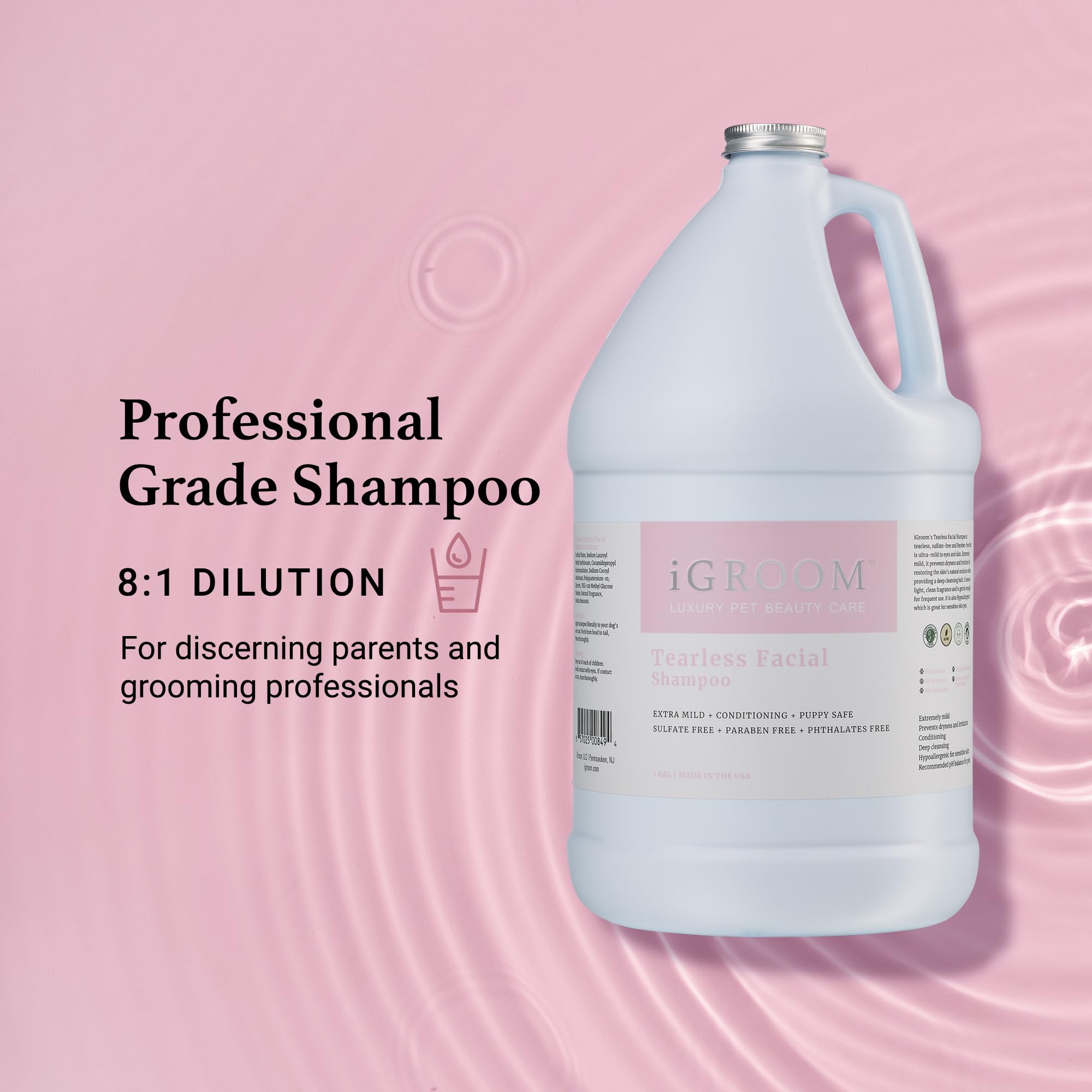 iGroom Luxury Pet Care Shampoo bottle shows premium grooming product for home grooming