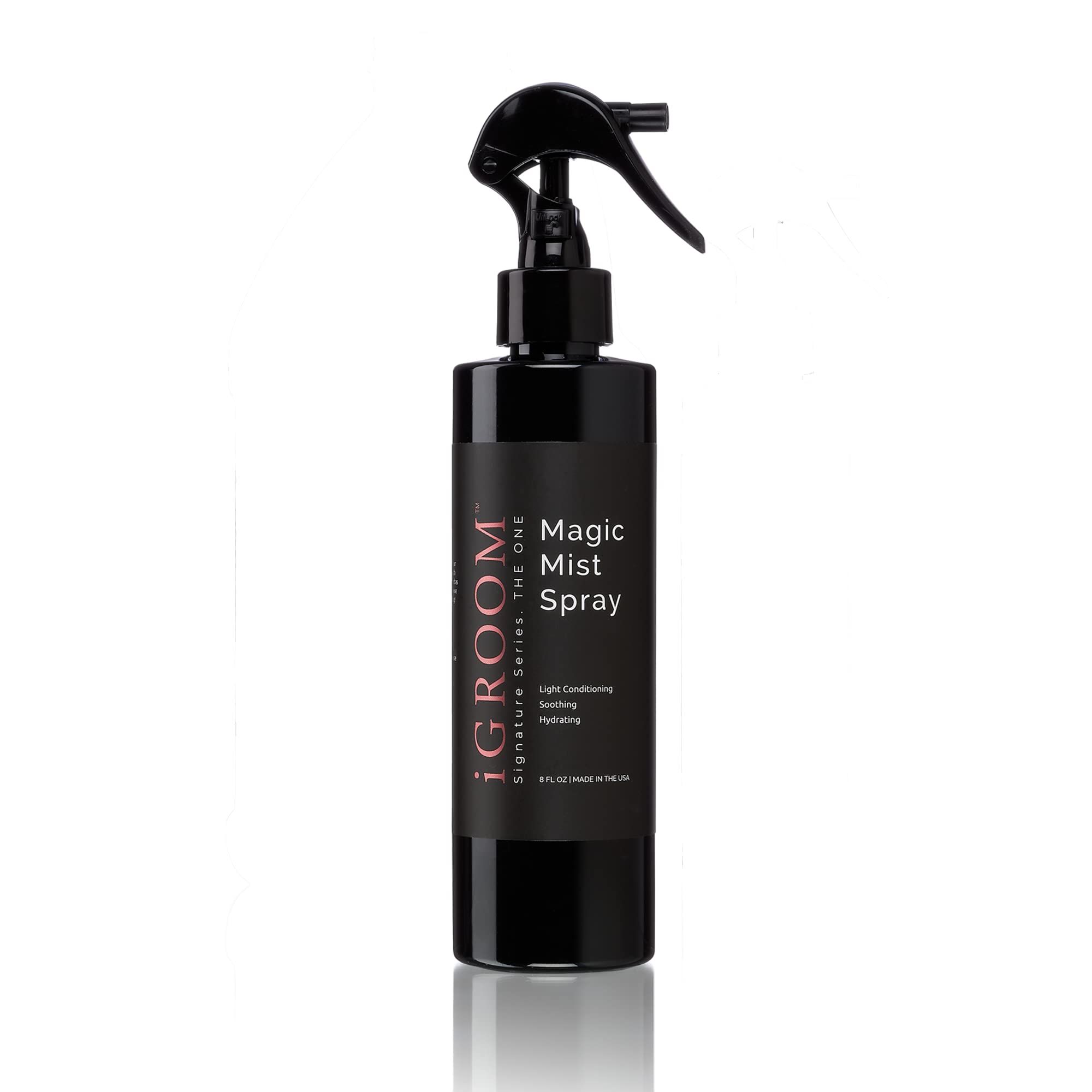iGroom Magic Mist spray bottle delivers quick hydration and finishing shine for a dog's coat.
