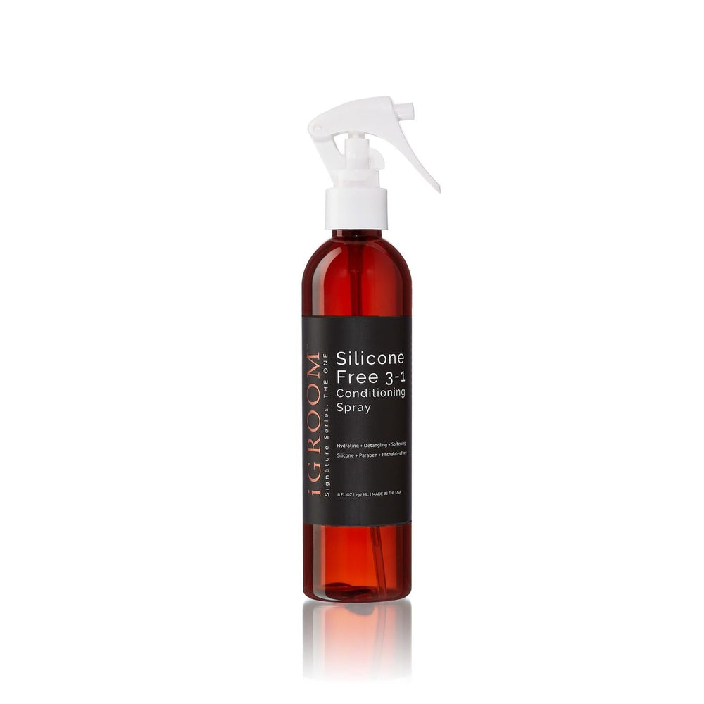 iGroom silicone-free 3-in-1 dog spray bottle detangles and hydrates for easier brushing.