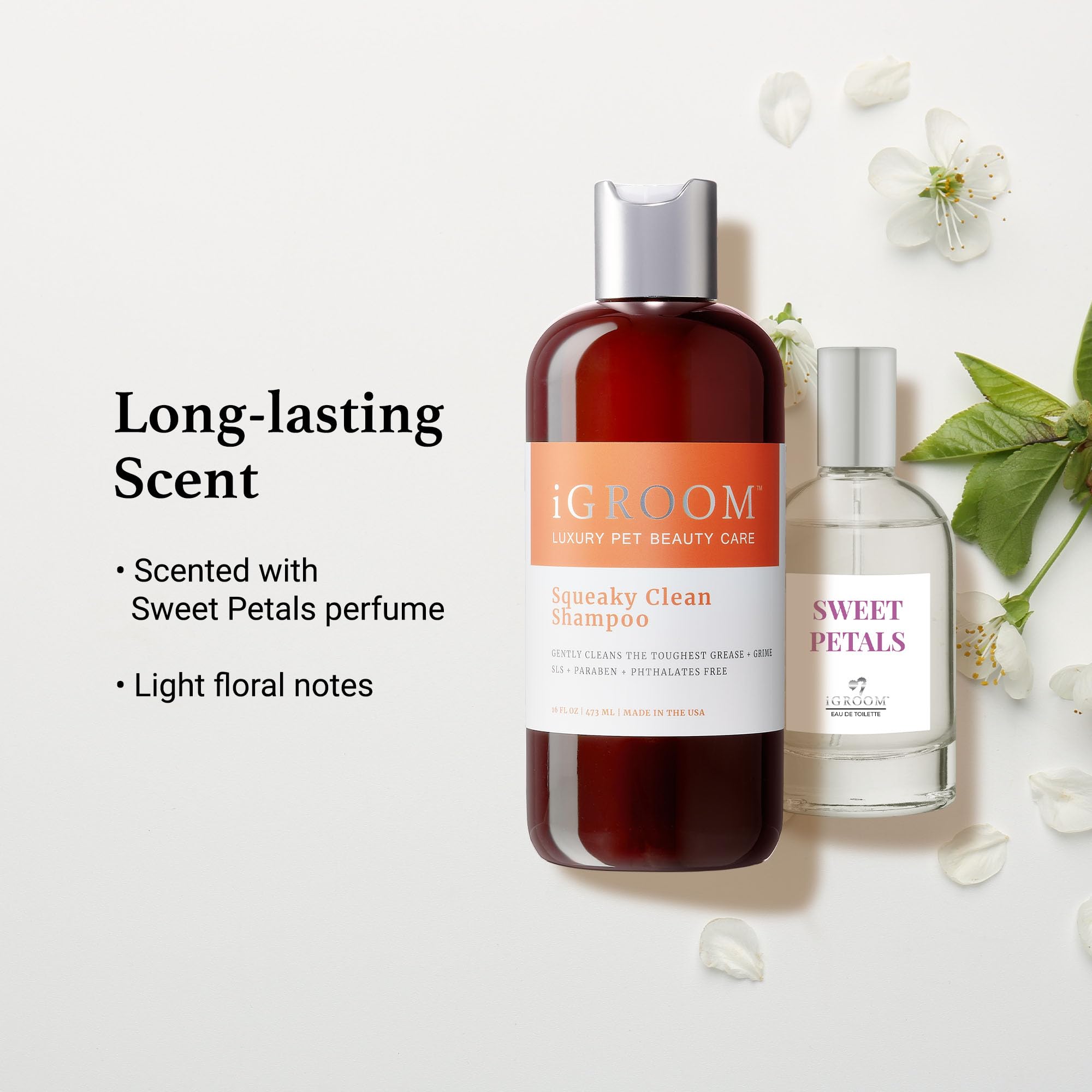 iGroom Squeaky Clean Dog Shampoo packaging highlights USA-made quality