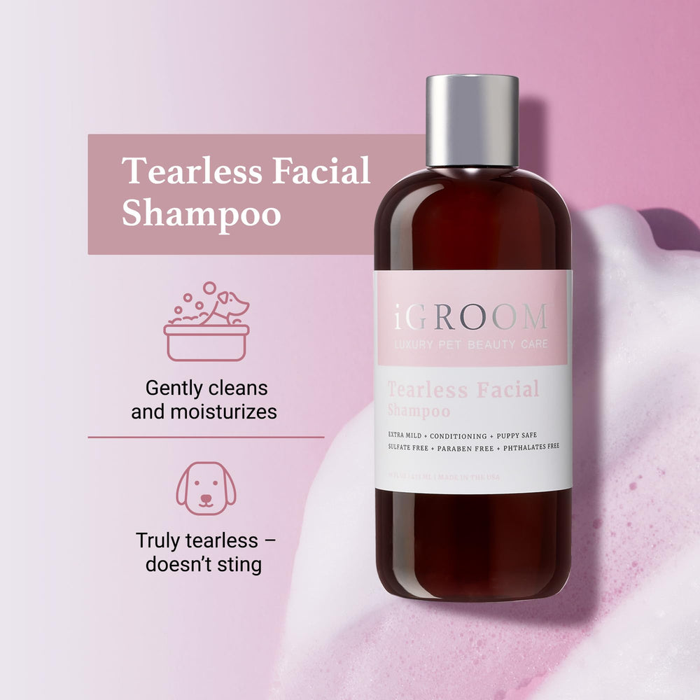 iGroom Tearless Dog Shampoo lather demonstrates safe cleansing around sensitive eyes during baths