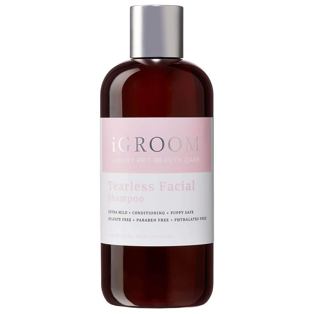 iGroom Tearless Facial Dog Shampoo bottle highlighting ultra-mild formula for sensitive eyes.