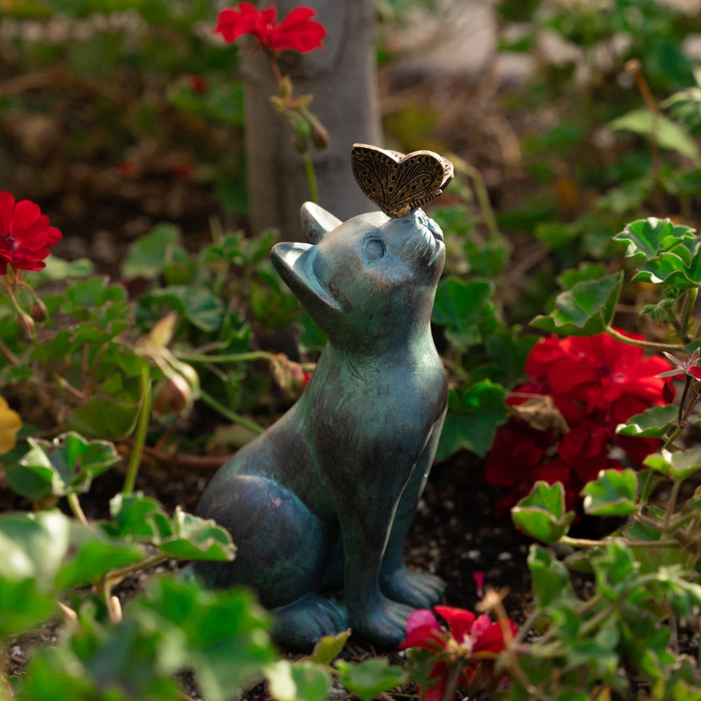 iHeartCats Cat Memorial Figurine features curious eyes and butterfly, inviting reflective garden moments.