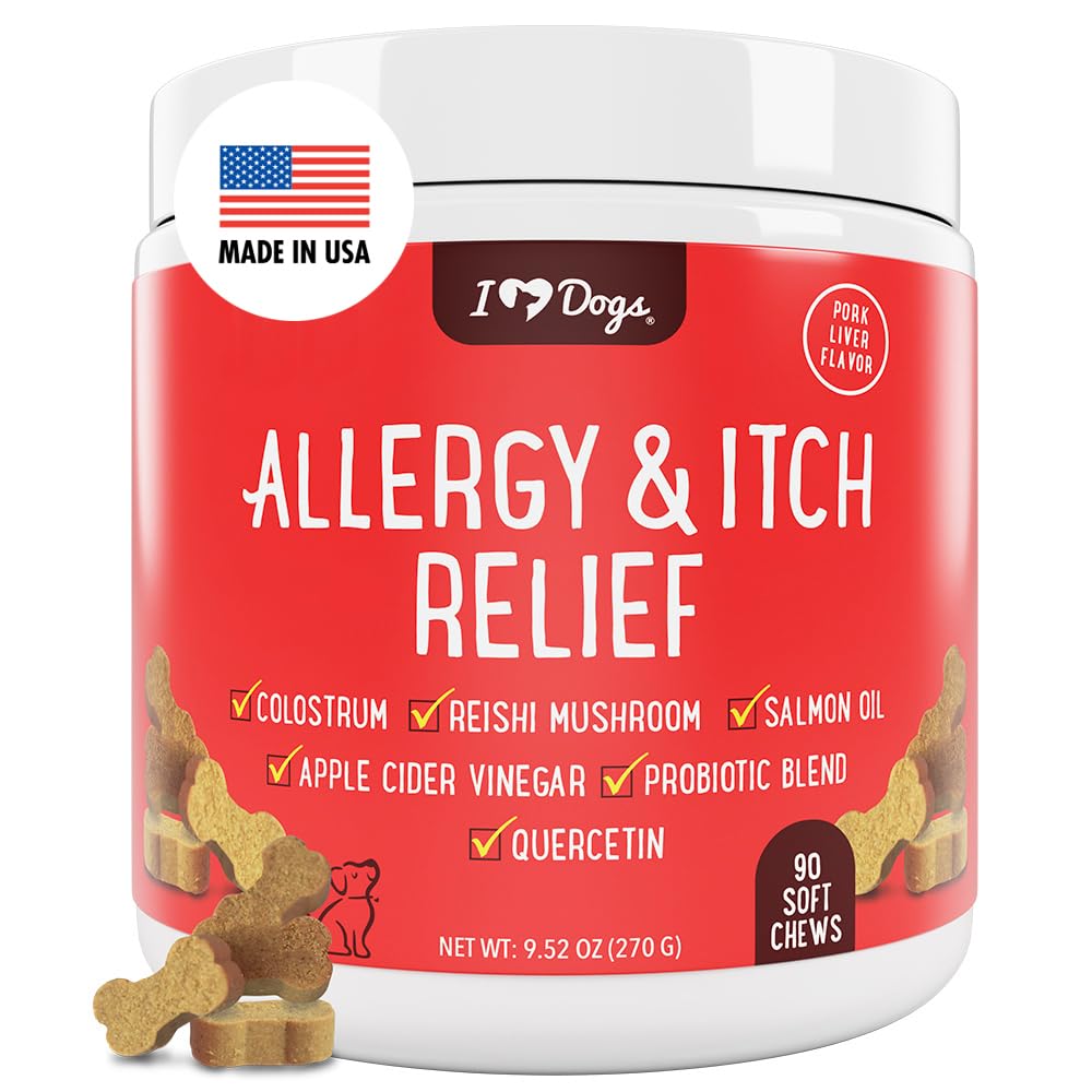 iHeartDogs allergy-relief-salmon-oil bottle pour shows comfort during seasonal changes.