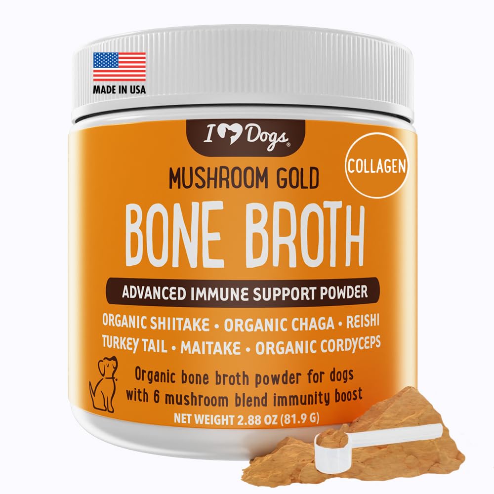 iHeartDogs Bone Broth & Collagen powder sprinkled on dog food for joint support