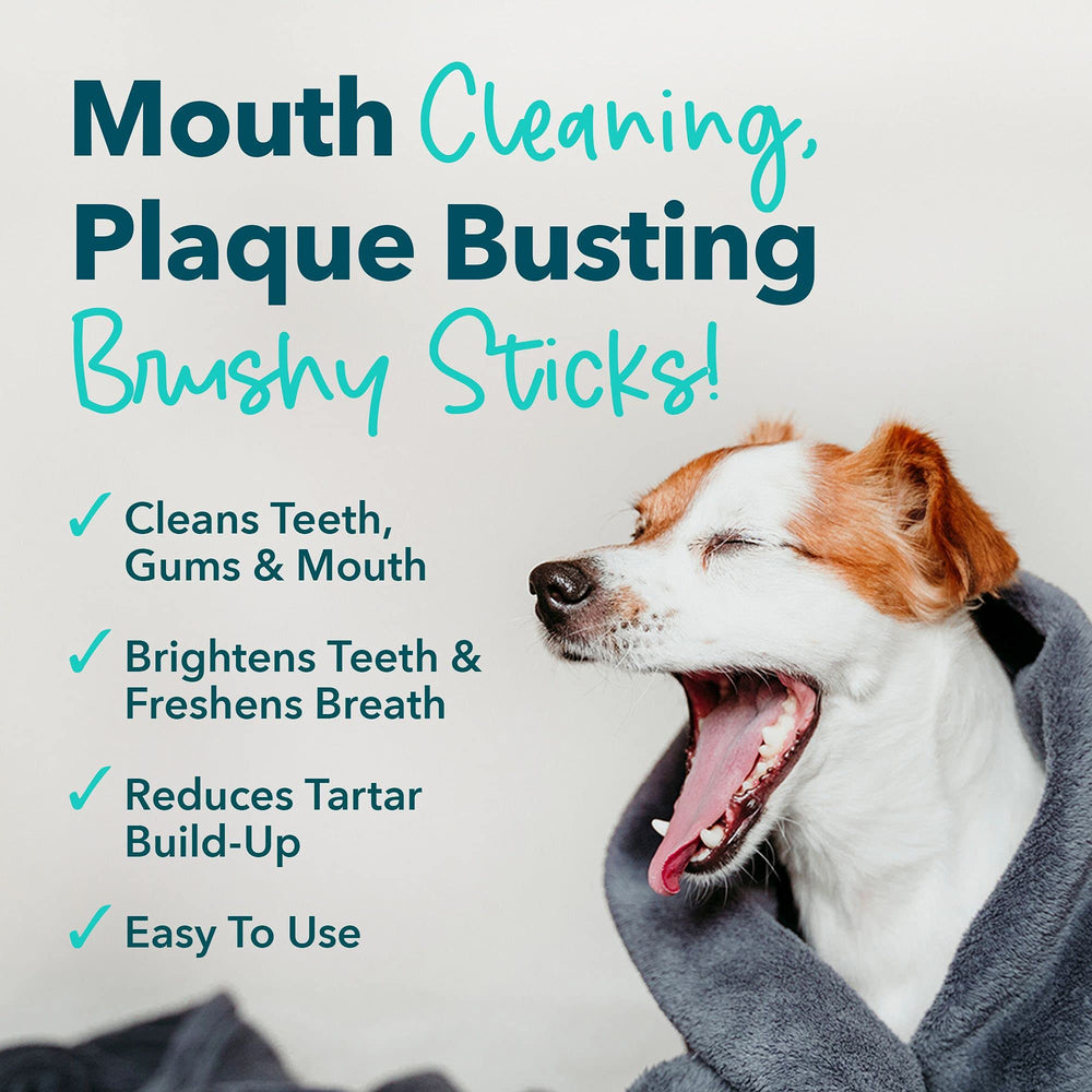 iHeartDogs Brushy Sticks closeup texture—coarse chew helps massage gums during use.