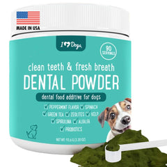 iHeartDogs Clean Teeth dental powder tin close-up for fresh breath support