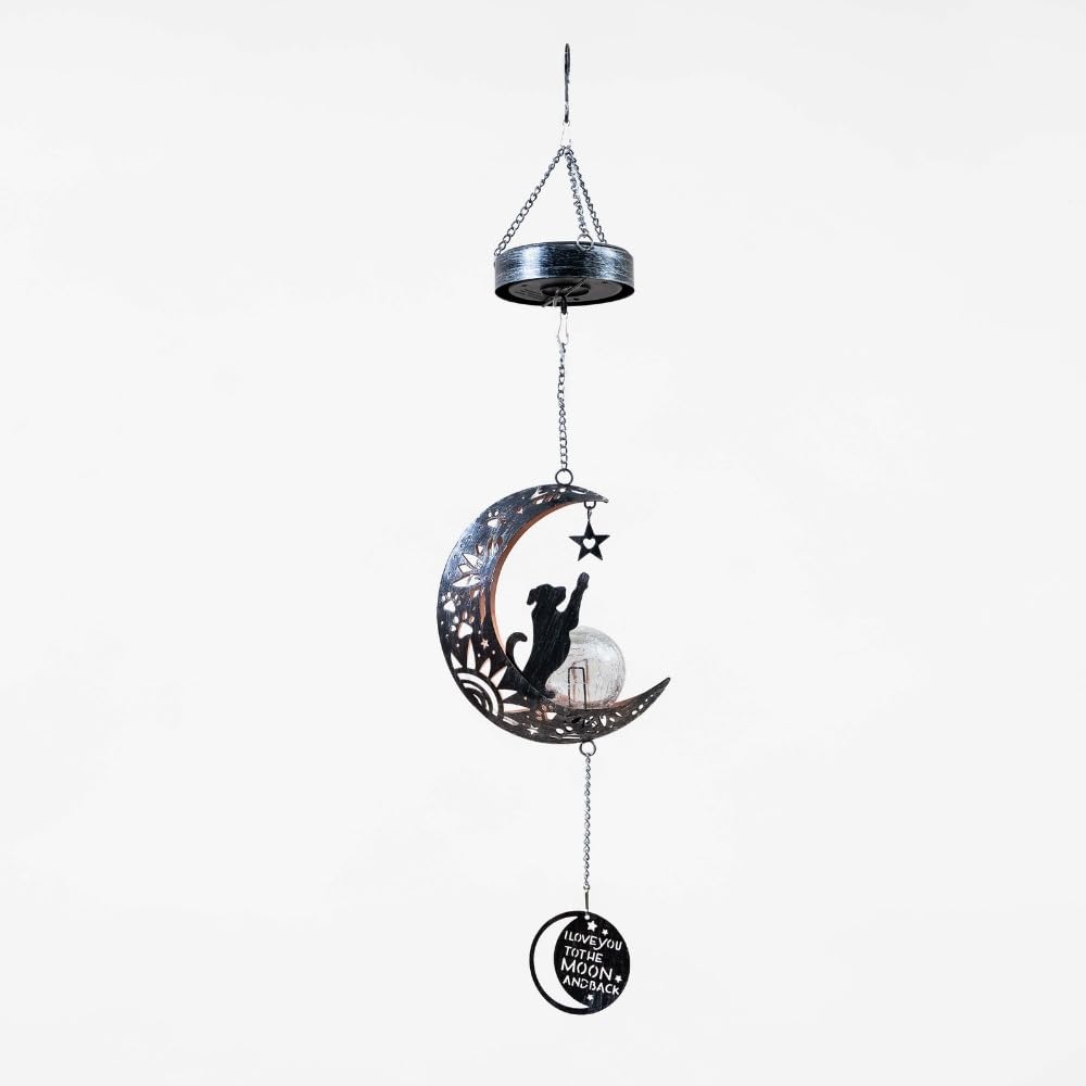 iHeartDogs dog on crescent moon wind chime features filigree pawprints and stars