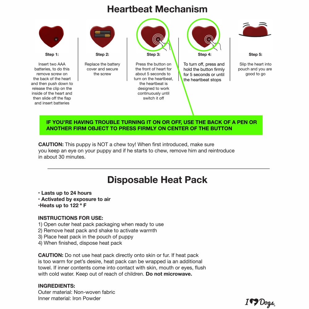 iHeartDogs Heartbeat Puppy Toy heat pack provides soothing warmth for night-time snuggles