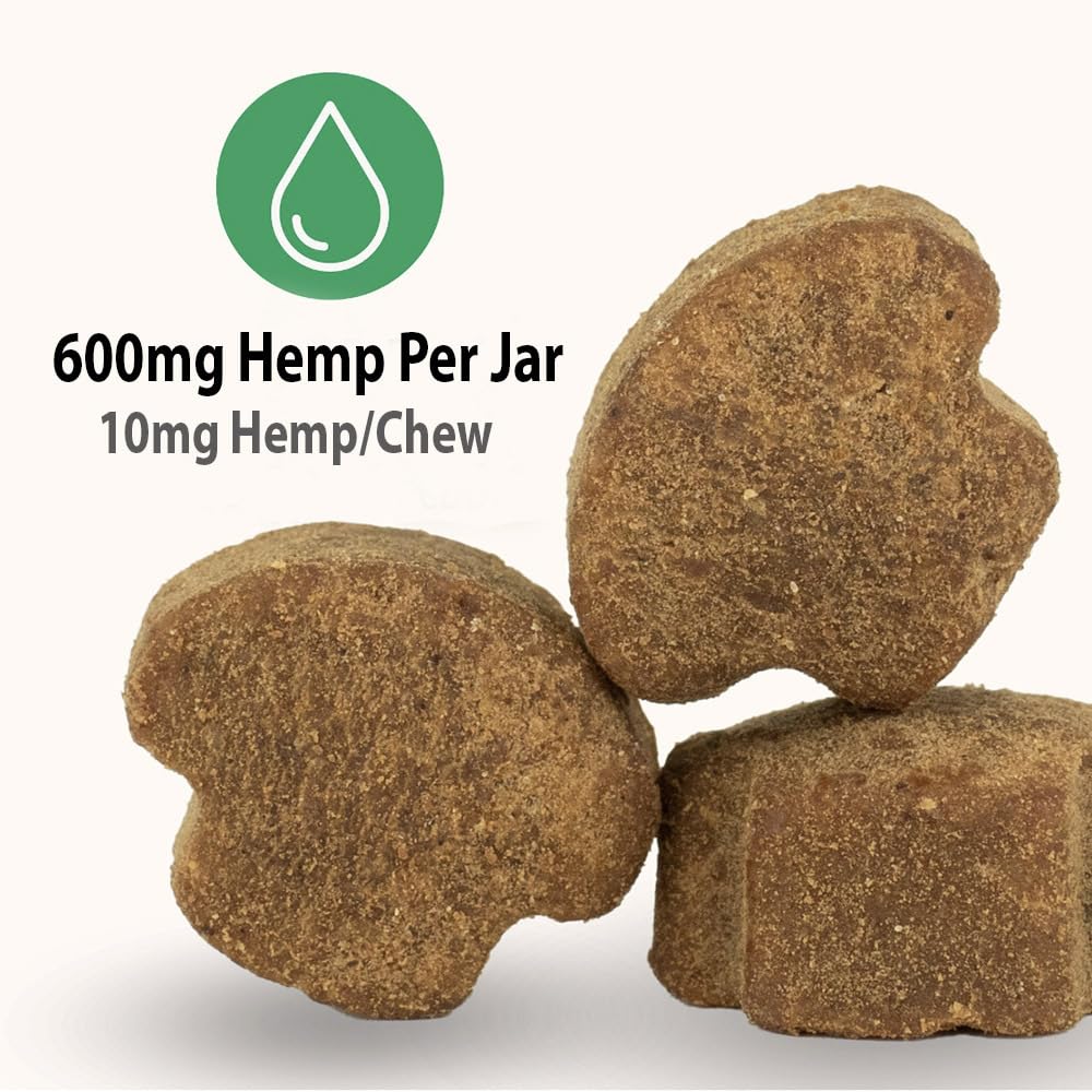 iHeartDogs Hemp Mushroom Chews pour shot with chews and label emphasizing hemp content