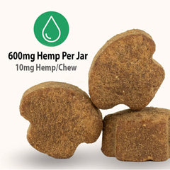 iHeartDogs Hemp Mushroom Chews pour shot with chews and label emphasizing hemp content