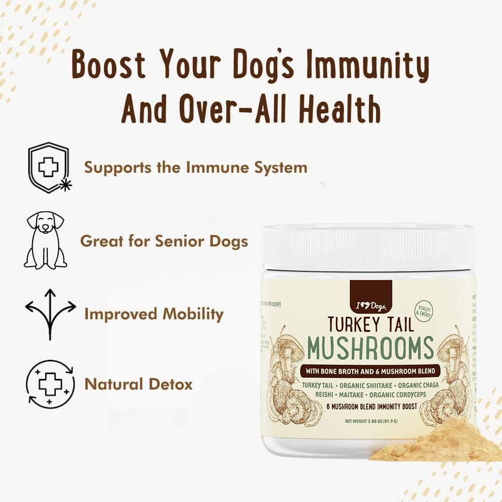 iHeartDogs organic chicken bone broth powder highlights joint-support nutrients.