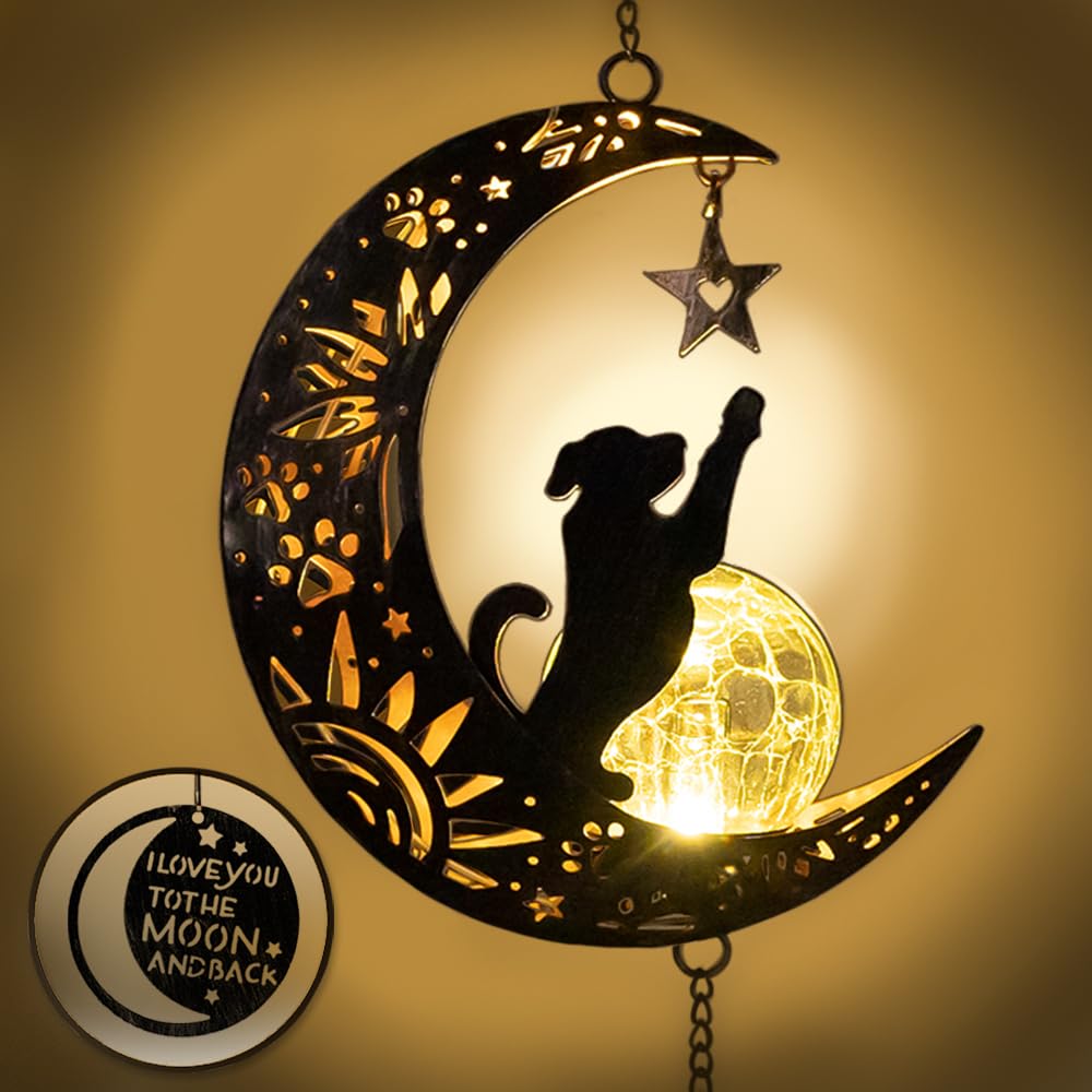 iHeartDogs pet memorial wind chime moon lantern glows softly in the garden at night