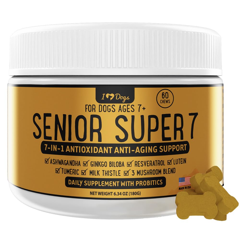 iHeartDogs Senior 7 bottle closeup highlighting longevity and cognitive support
