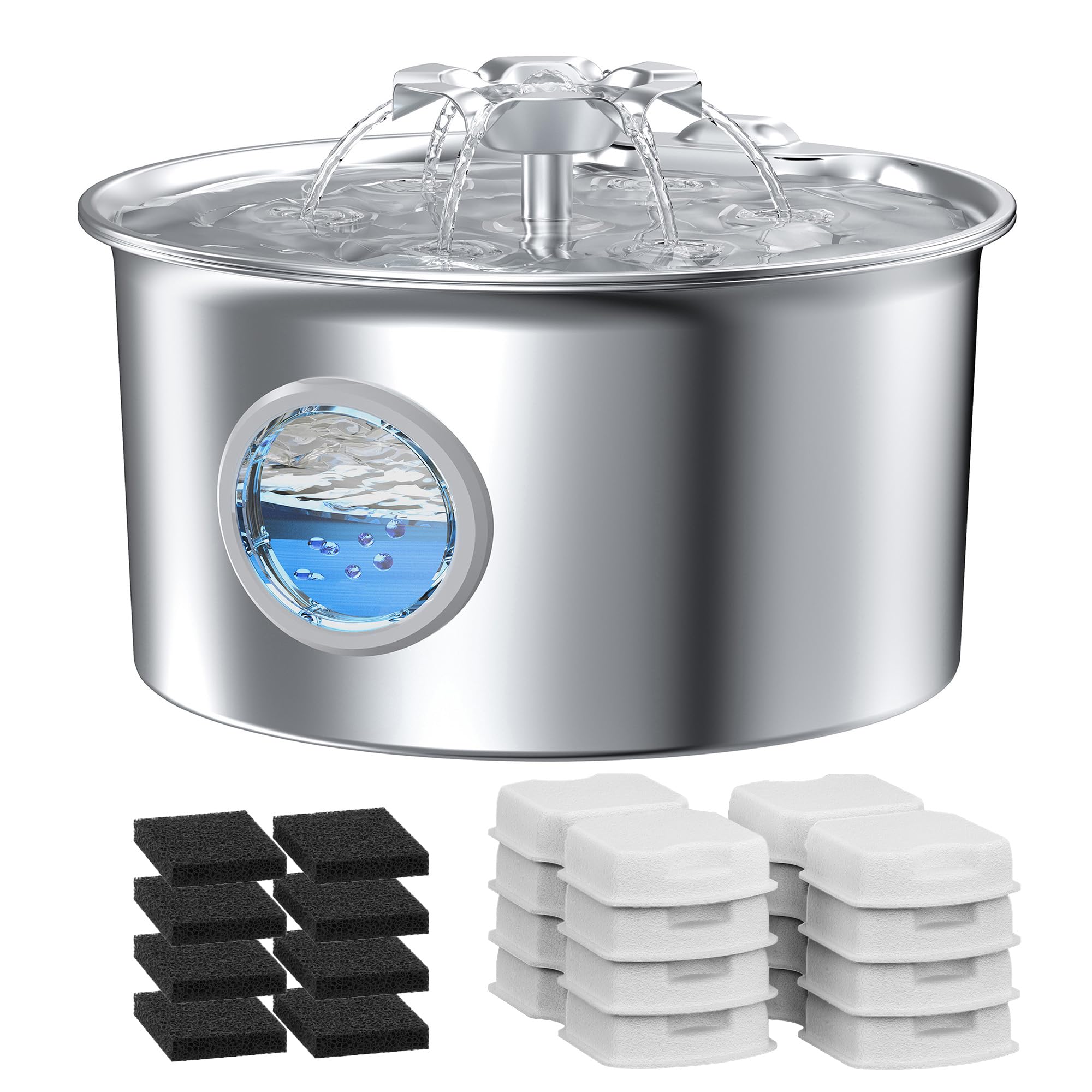 IHOUONE cat water fountain assembly shows durable stainless steel construction for longevity