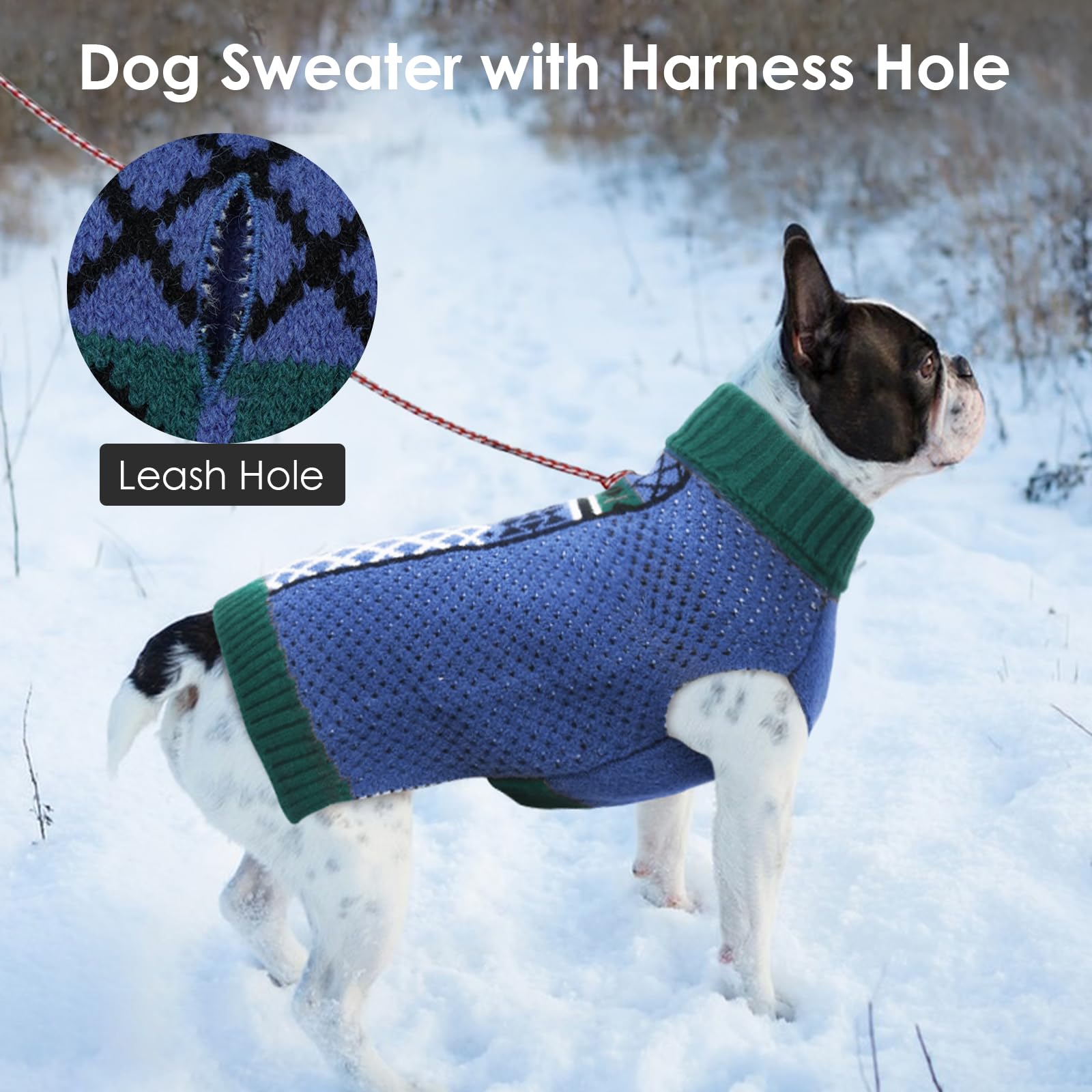 IKIPUKO 3XL dog sweater leash-hole detail enables harness access without removal