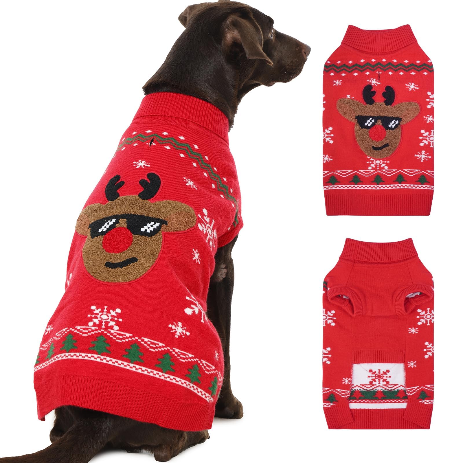 IKIPUKO Christmas dog sweater front view shows festive warmth for large dogs