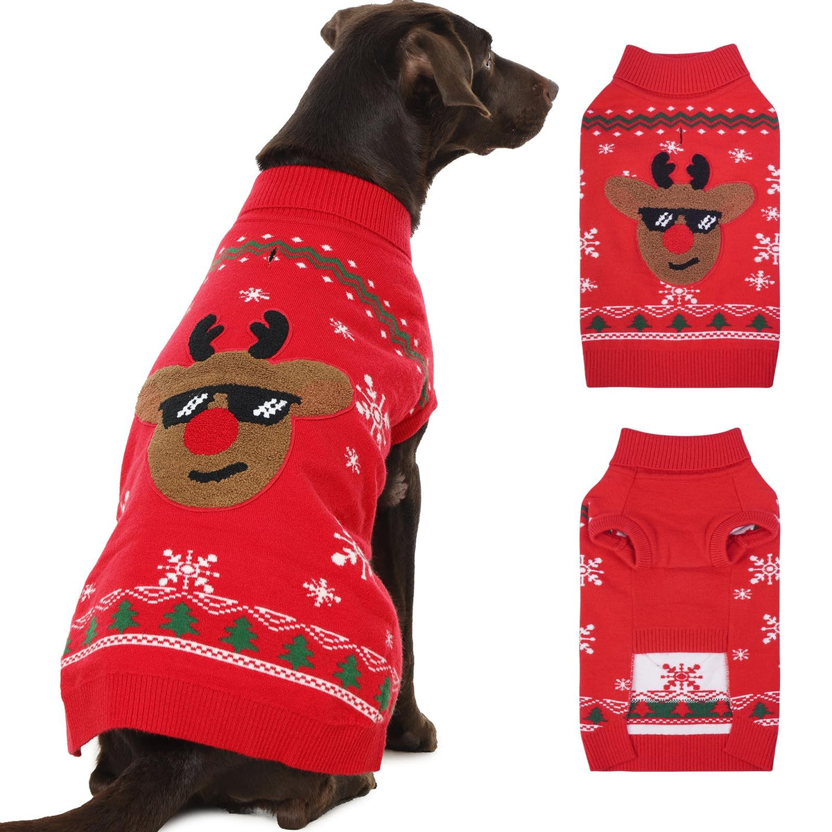 IKIPUKO Christmas dog sweater front view shows festive warmth for large dogs