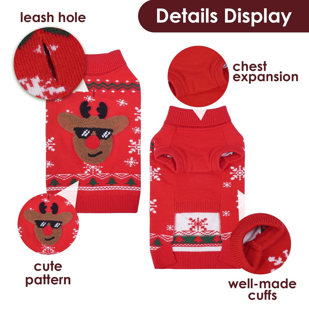 IKIPUKO Christmas dog sweater leash-hole closeup highlights easy winter walks