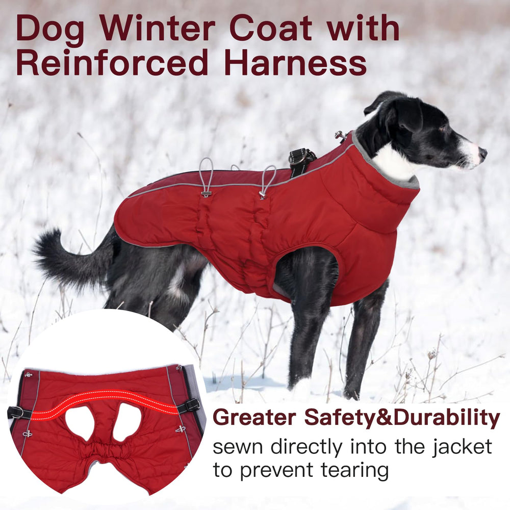 IKIPUKO dog winter jacket harness design with two D-rings for secure leash attachment.