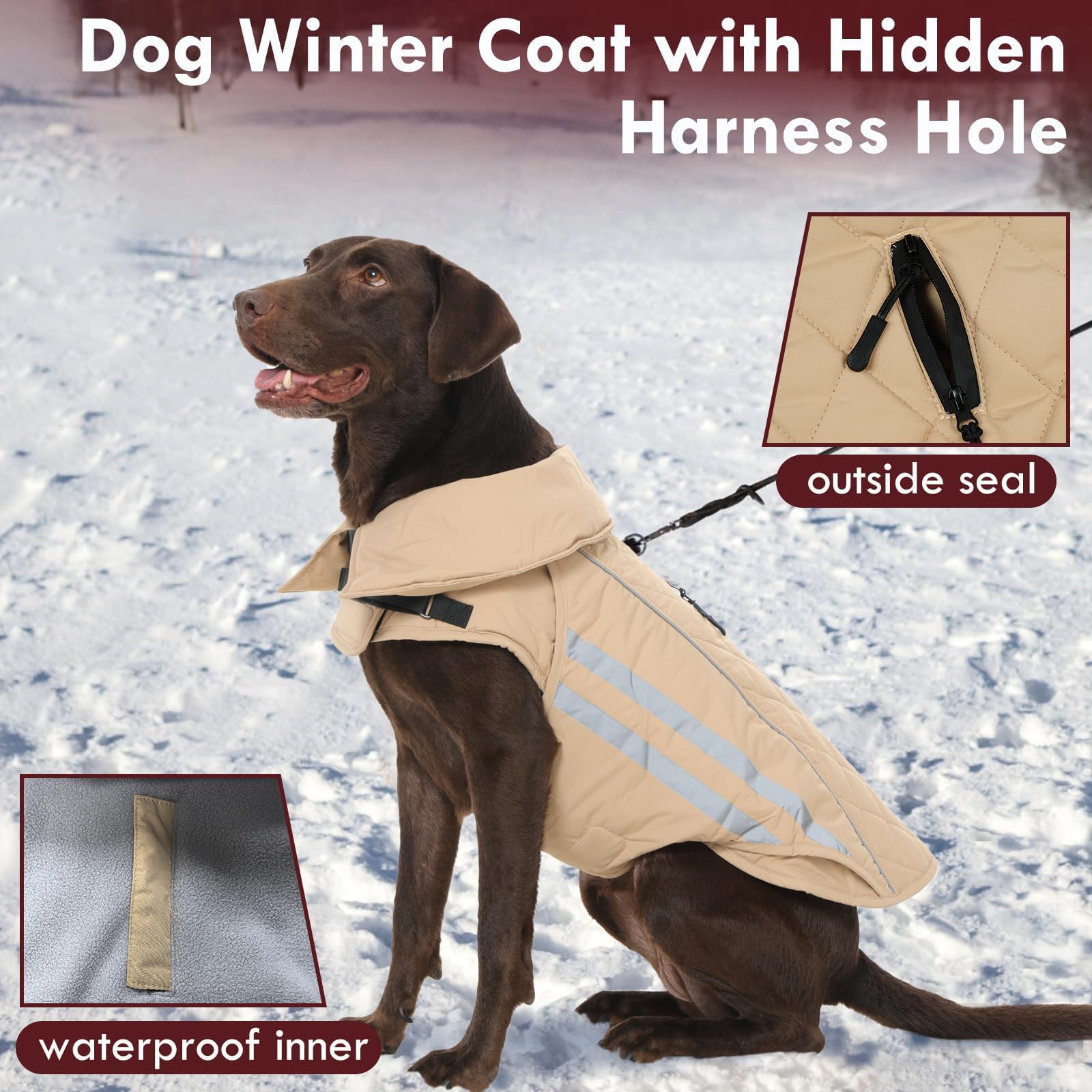 IKIPUKO large dog jacket front view reveals warm fleece lining for cold days