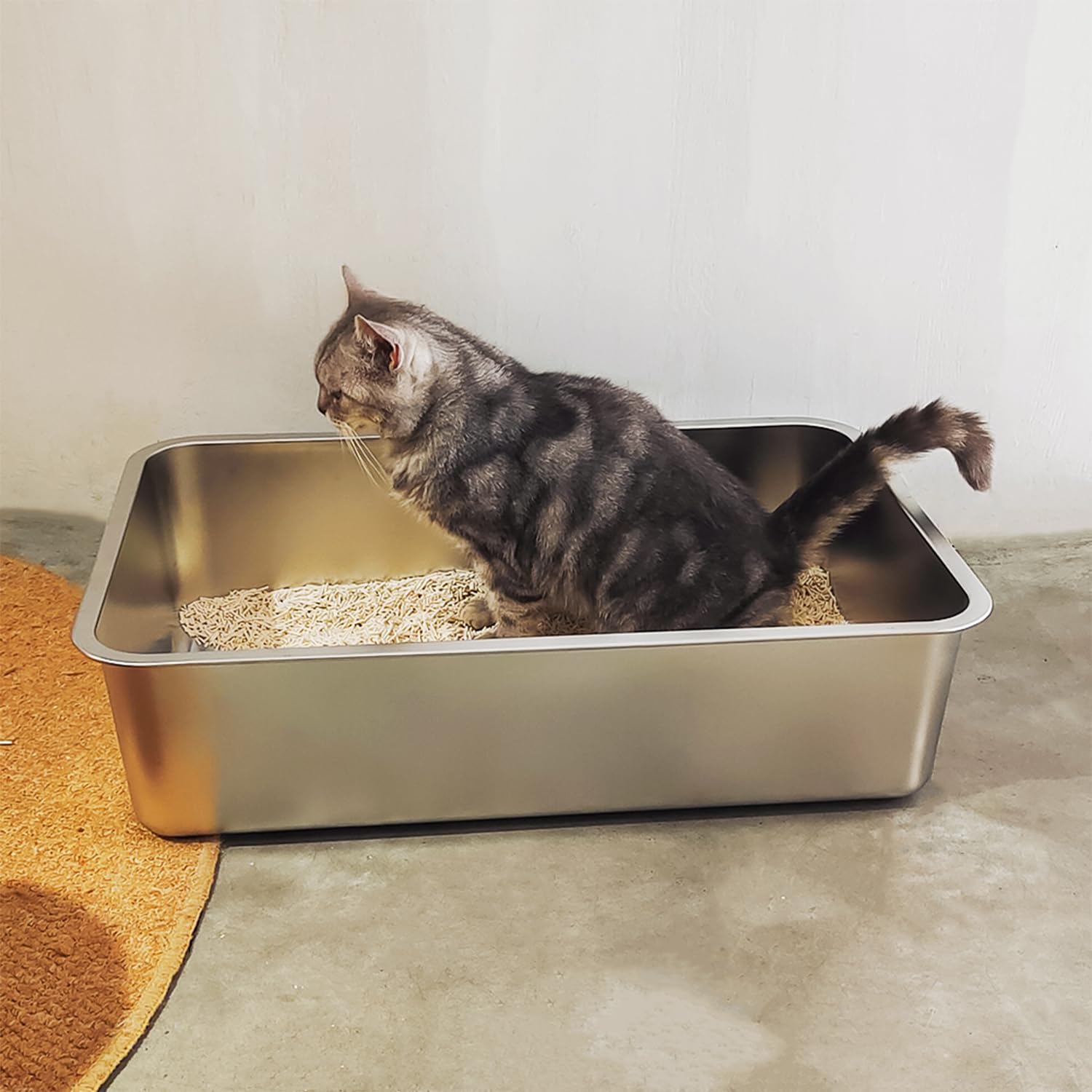 ikitchen stainless steel cat litter box close-up surface reveals non-stick stain-free finish
