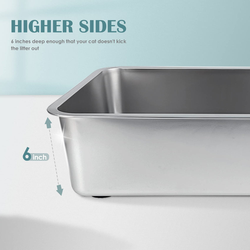 IKITCHEN stainless steel cat litter box nonstick bottom close-up emphasizes quick litter release