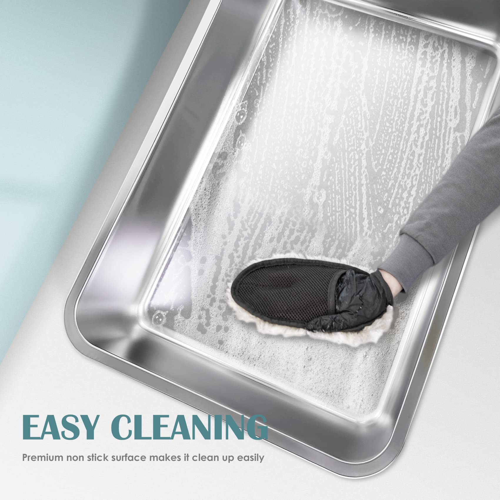 IKITCHEN stainless steel cat litter box rubber feet close-up shows non-slip grip and floor protection