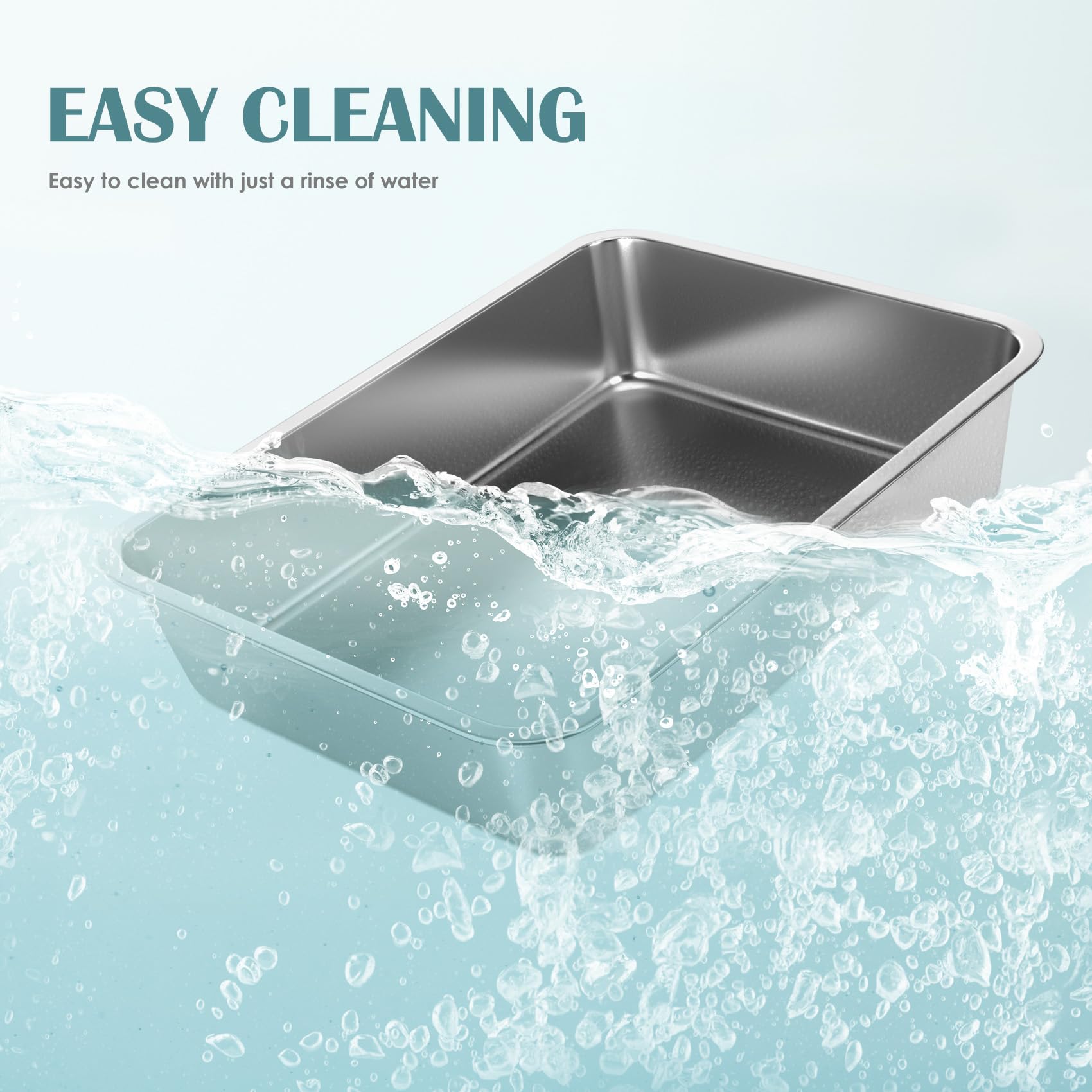 ikitchen stainless steel litter box size guide illustrates suitability for kittens and small pets