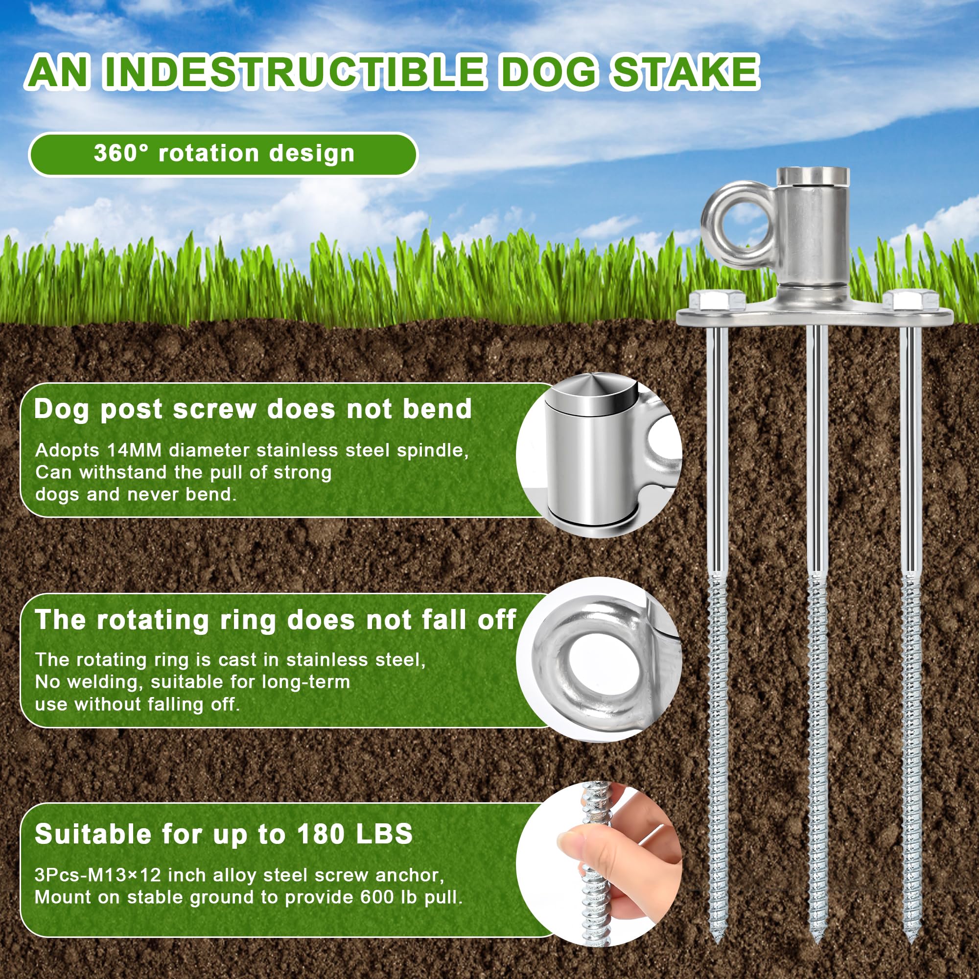 iklekione dog stake swivel-ring image highlights no-weld durability for strong pullers.