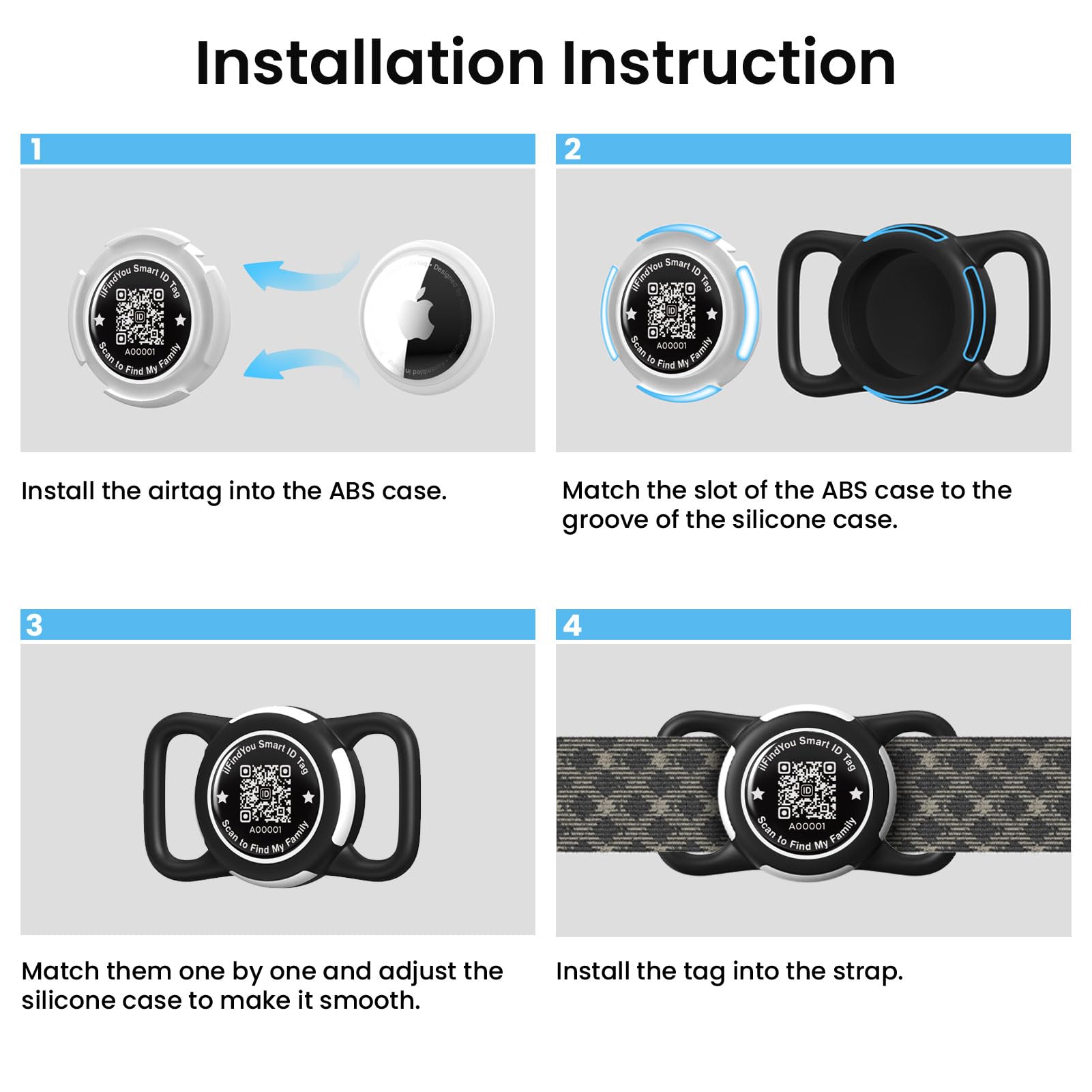 ILFINDYOU different sizes show collar, backpack, and luggage compatibility with AirTag