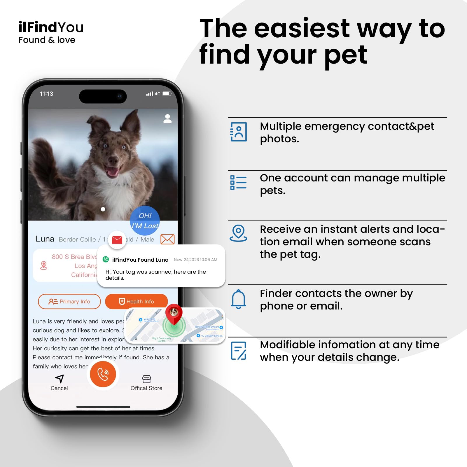 ILFINDYOU dog tag supports real-time location alerts when scanned, improving pet recovery chances.