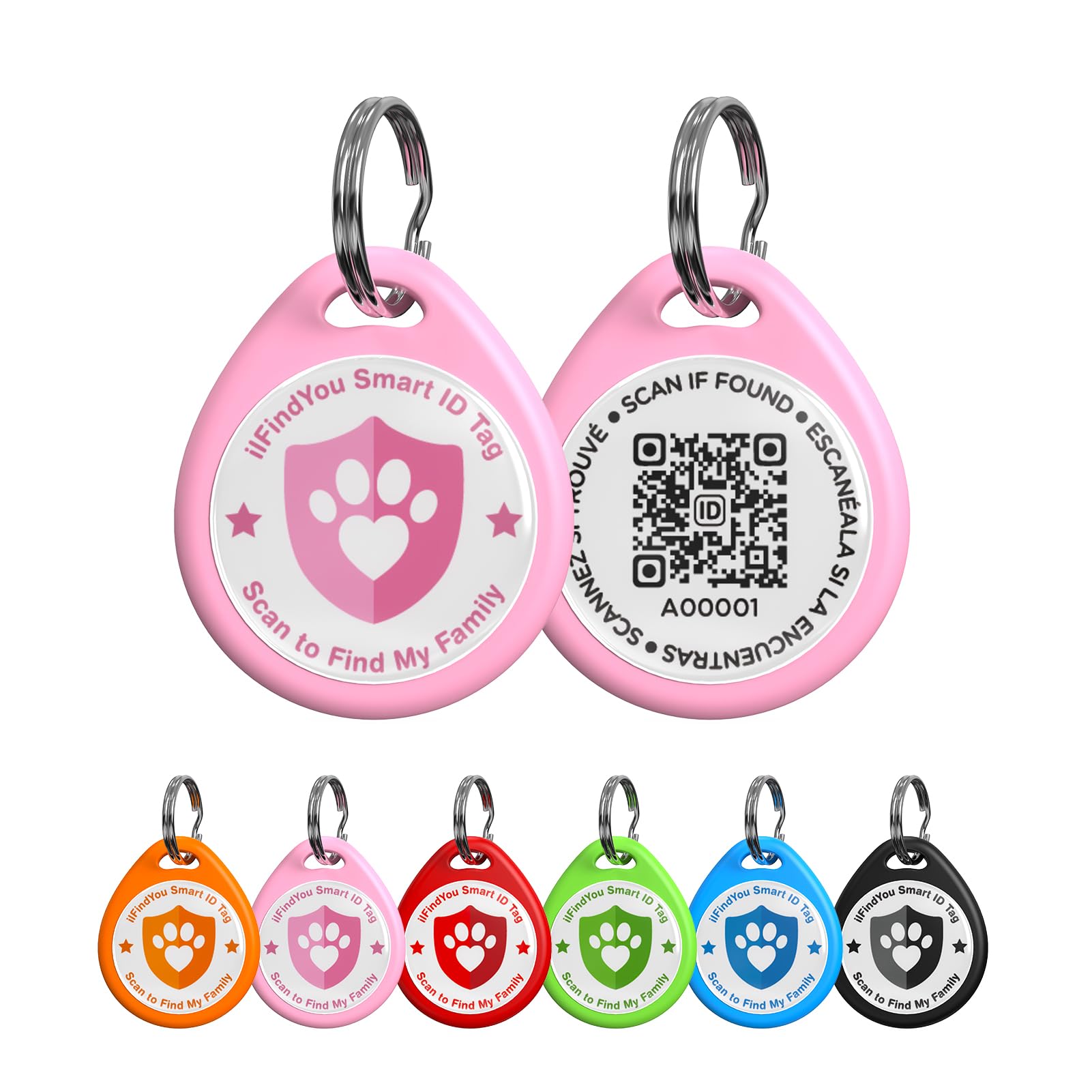 ilFindYou pink QR code dog tag on collar for easy ID and profile access