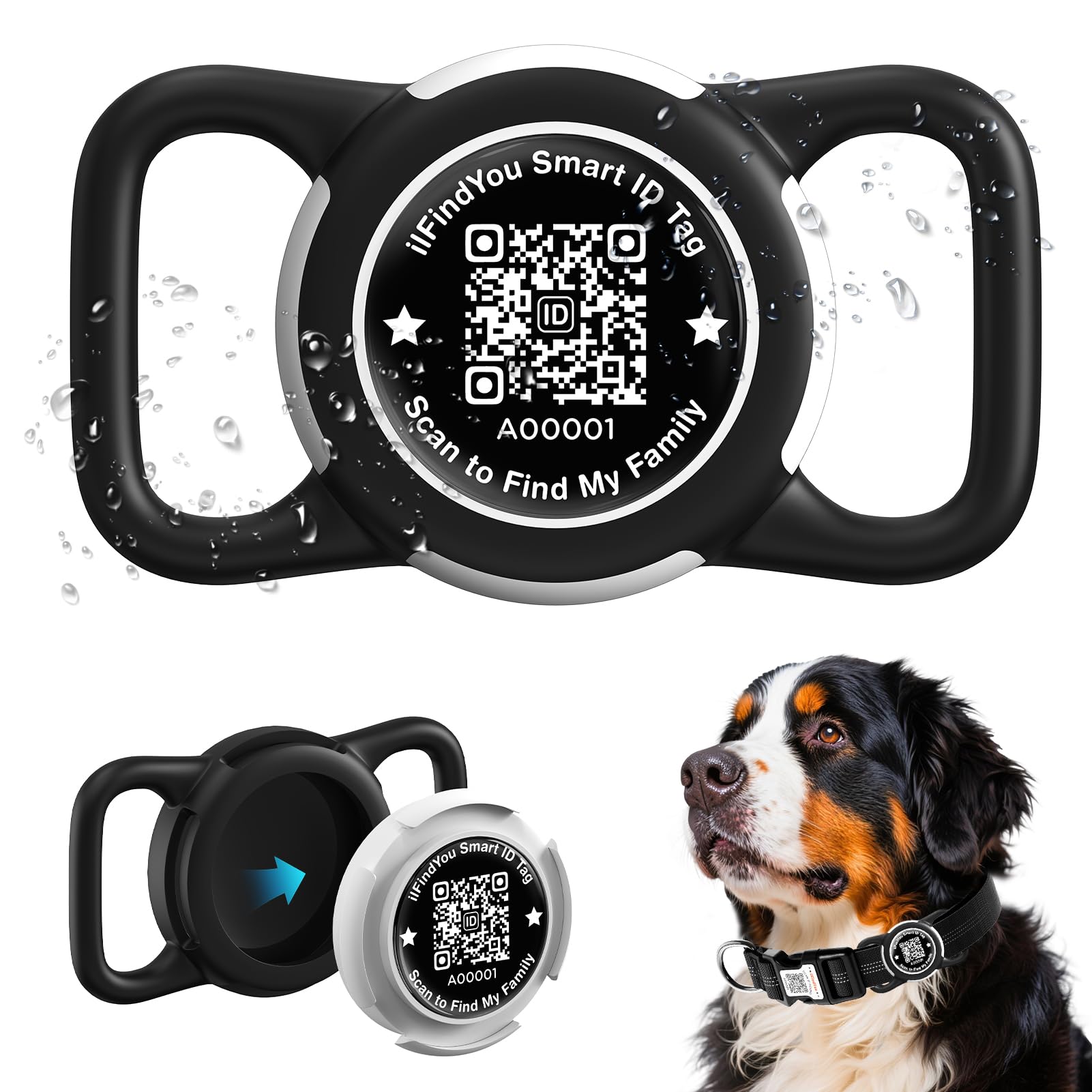 ILFINDYOU waterproof AirTag dog collar holder front view shows secure tracking on outdoor adventures